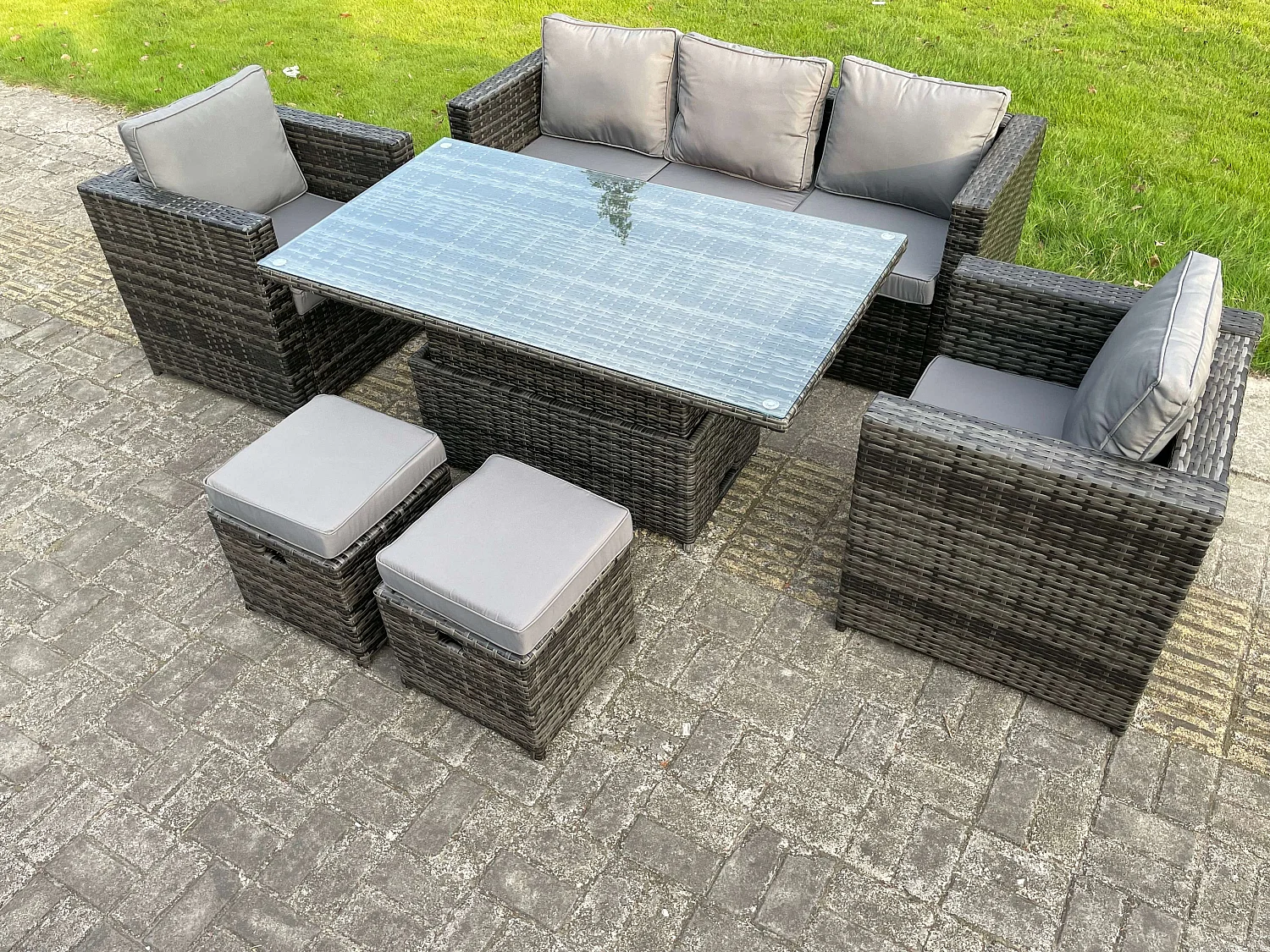 Fimous Rattan Garden Furniture Set Rising Adjustable Lifting Dining Table Lounge Sofa Set With Foostools Dark Grey Mixed