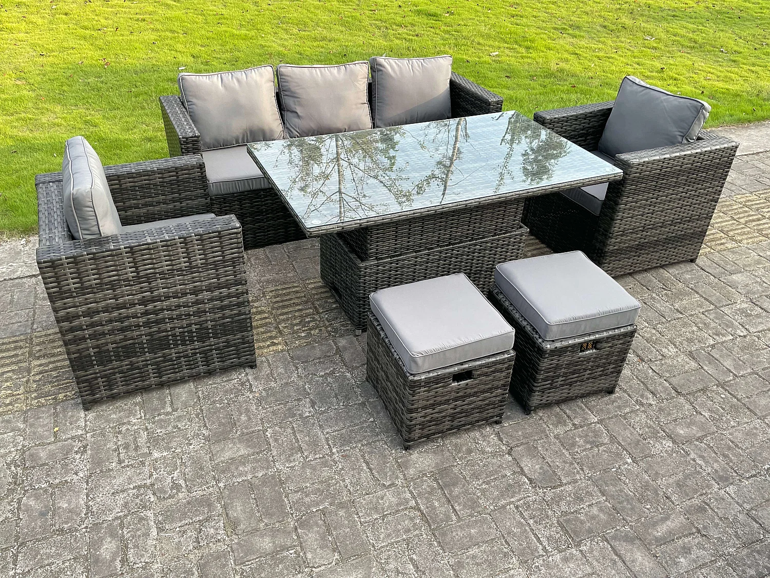 Fimous Rattan Garden Furniture Set Rising Adjustable Lifting Dining Table Lounge Sofa Set With Foostools Dark Grey Mixed