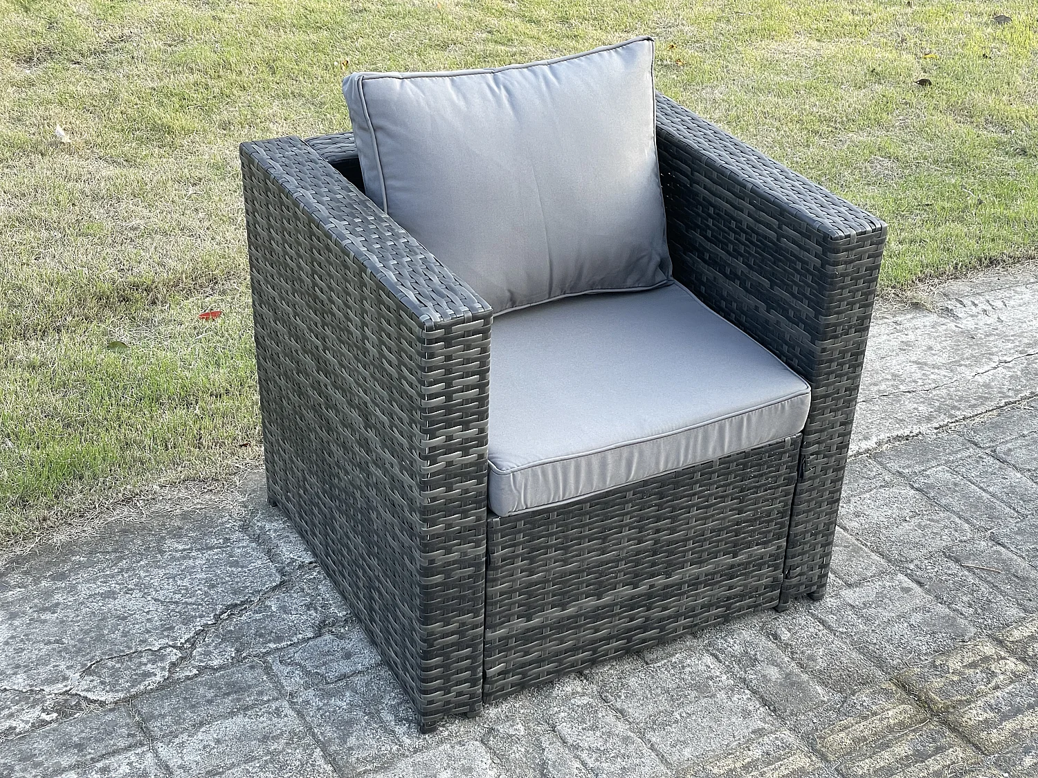 Fimous Rattan Garden Furniture Set Rising Adjustable Lifting Dining Table Lounge Sofa Set With Foostools Dark Grey Mixed