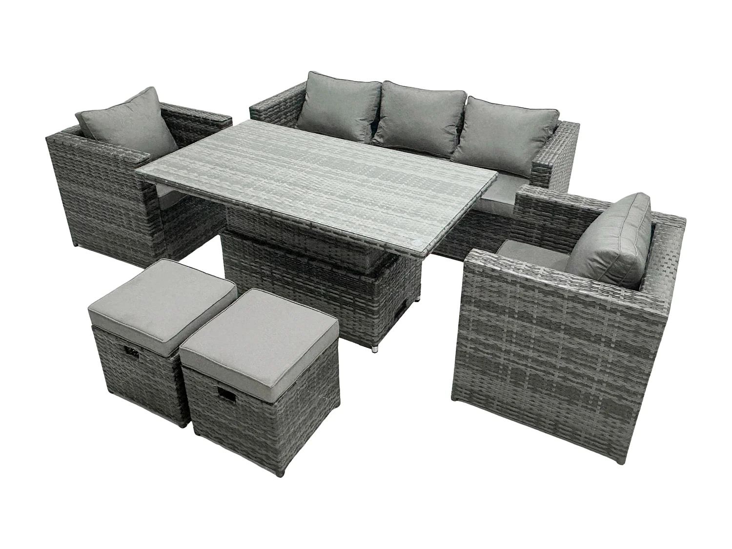 Fimous Rattan Garden Furniture Set Rising Adjustable Lifting Dining Table Lounge Sofa Set With Foostools Dark Grey Mixed