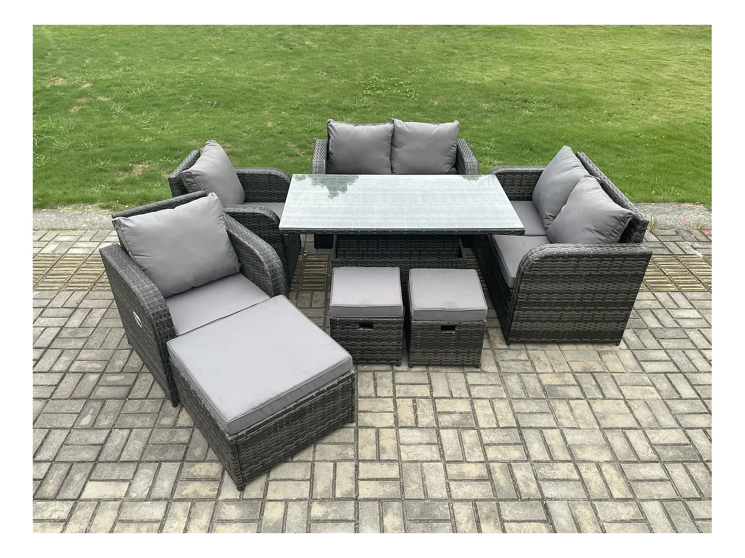 Rattan Gartenmöbel Set mit Einstellbare Höhe Esstisch 2 Sessel inclinable 2 Love Sofa 3 Hocker
