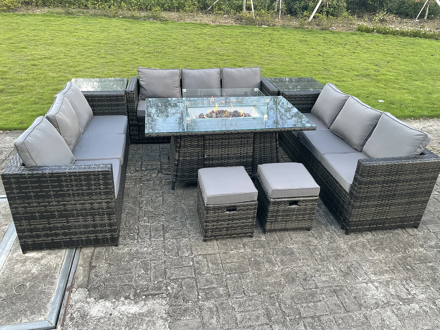 Fimous Outdoor Rattan Garden Corner Furniture Gas Fire Pit Table Gas Heater Sets Side Tables Small Footstools Dark Grey 11 Seater