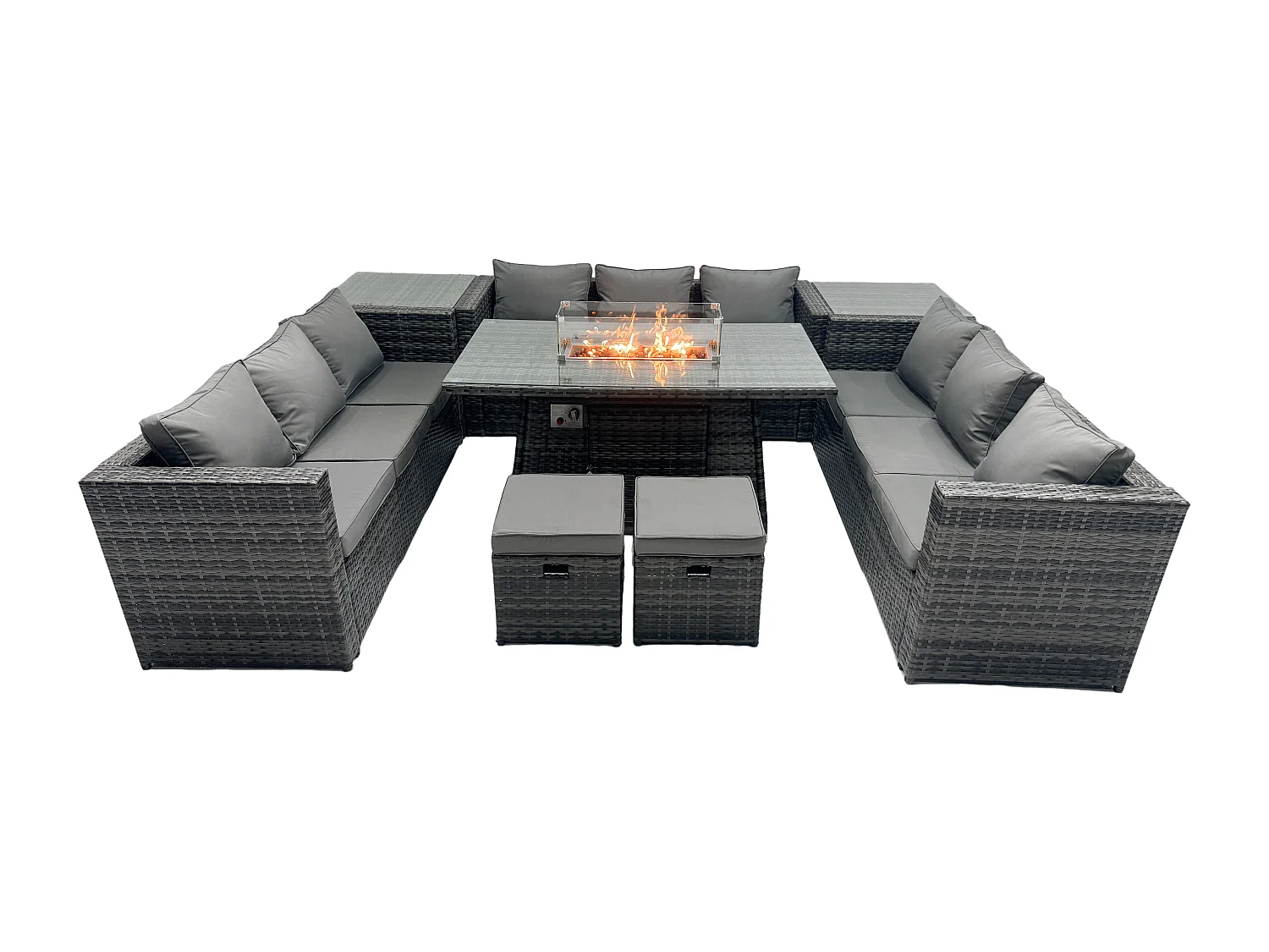 Fimous Outdoor Rattan Garden Corner Furniture Gas Fire Pit Table Gas Heater Sets Side Tables Small Footstools Dark Grey 11 Seater