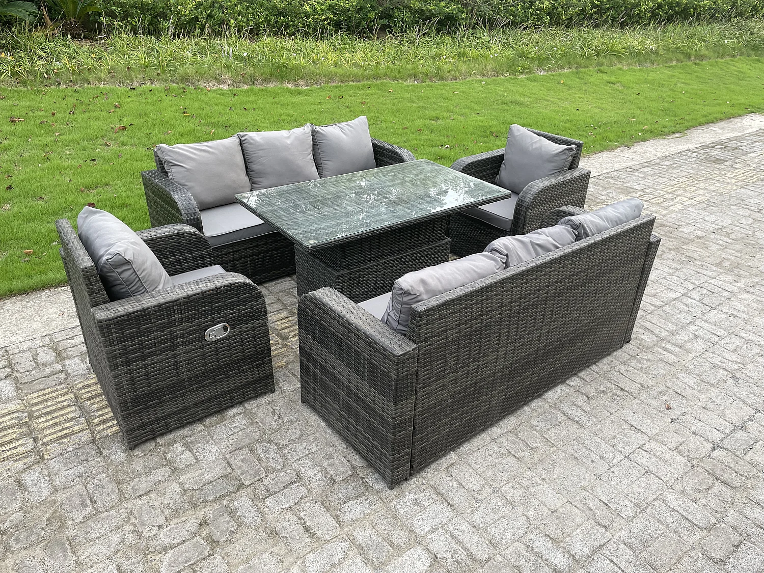 Fimous Outdoor Rattan Garden Furniture Sofa Set Lounge Sofa Dining Table Height Adjustable Rising Lifting Table Reclining Arm Chairs 8 Seater