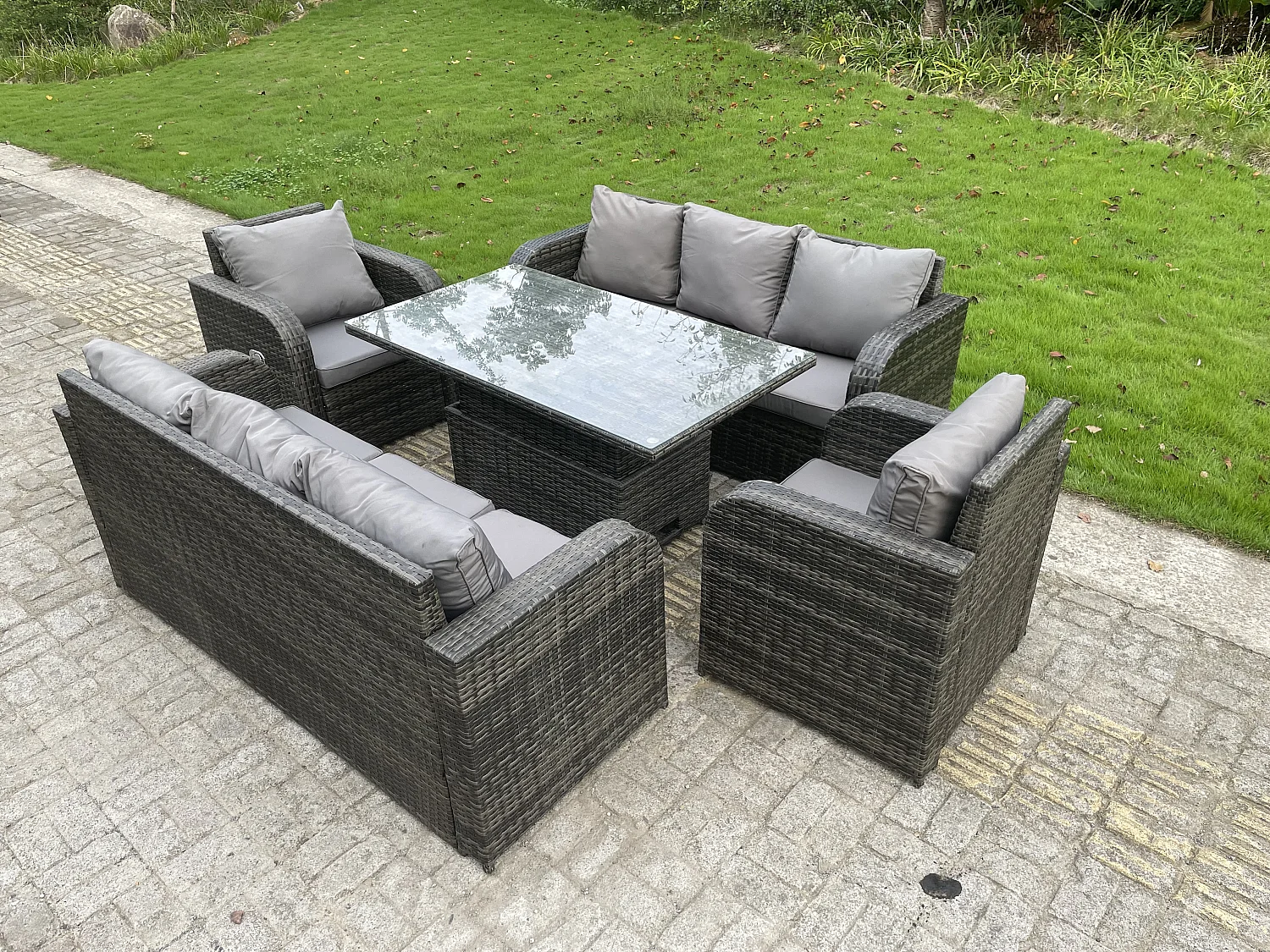 Fimous Outdoor Rattan Garden Furniture Sofa Set Lounge Sofa Dining Table Height Adjustable Rising Lifting Table Reclining Arm Chairs 8 Seater