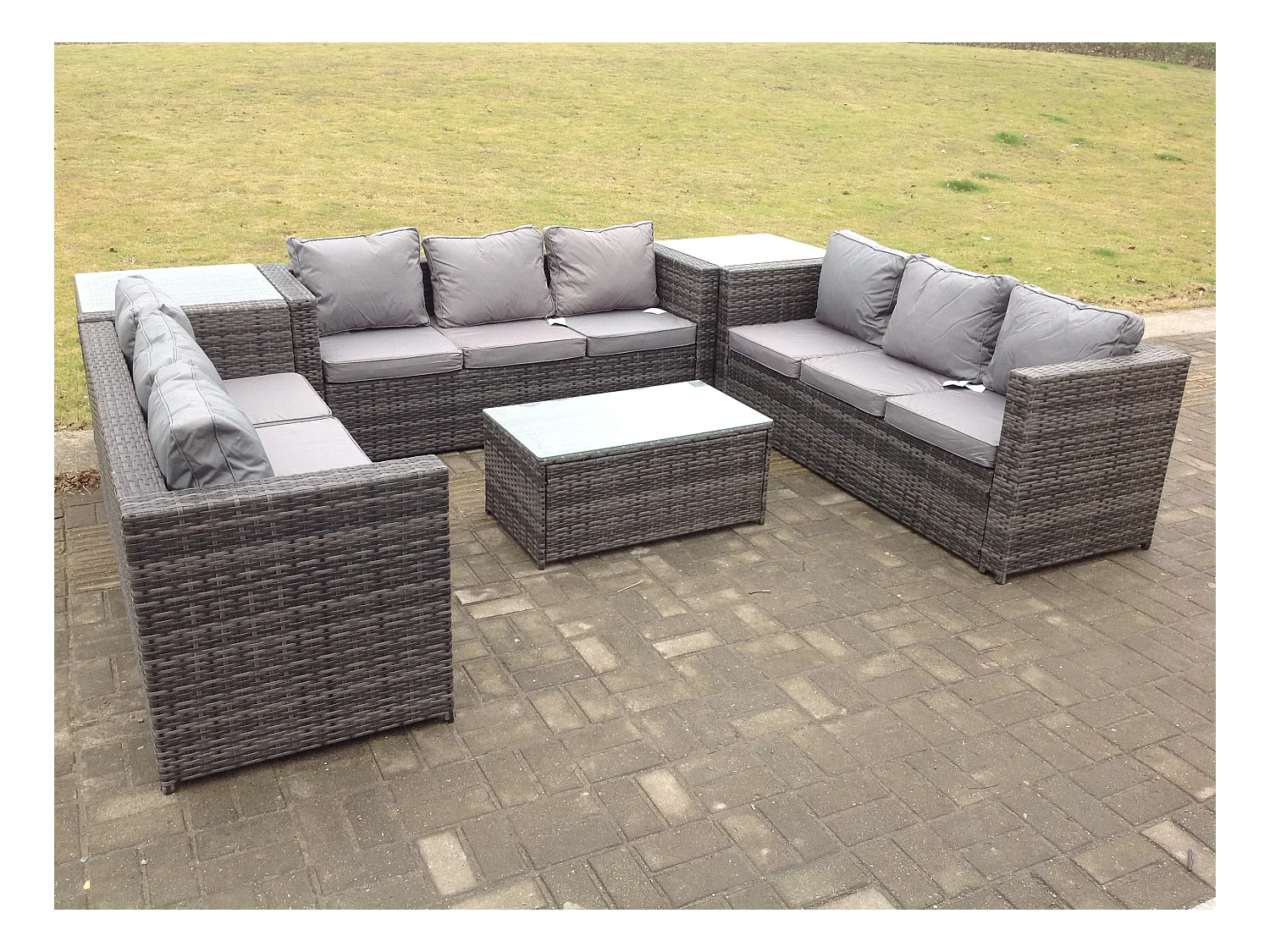 Meubles de jardin en rotin ave 3 Places canapé Table basse 2 Table d'appoint Mélange gris foncé