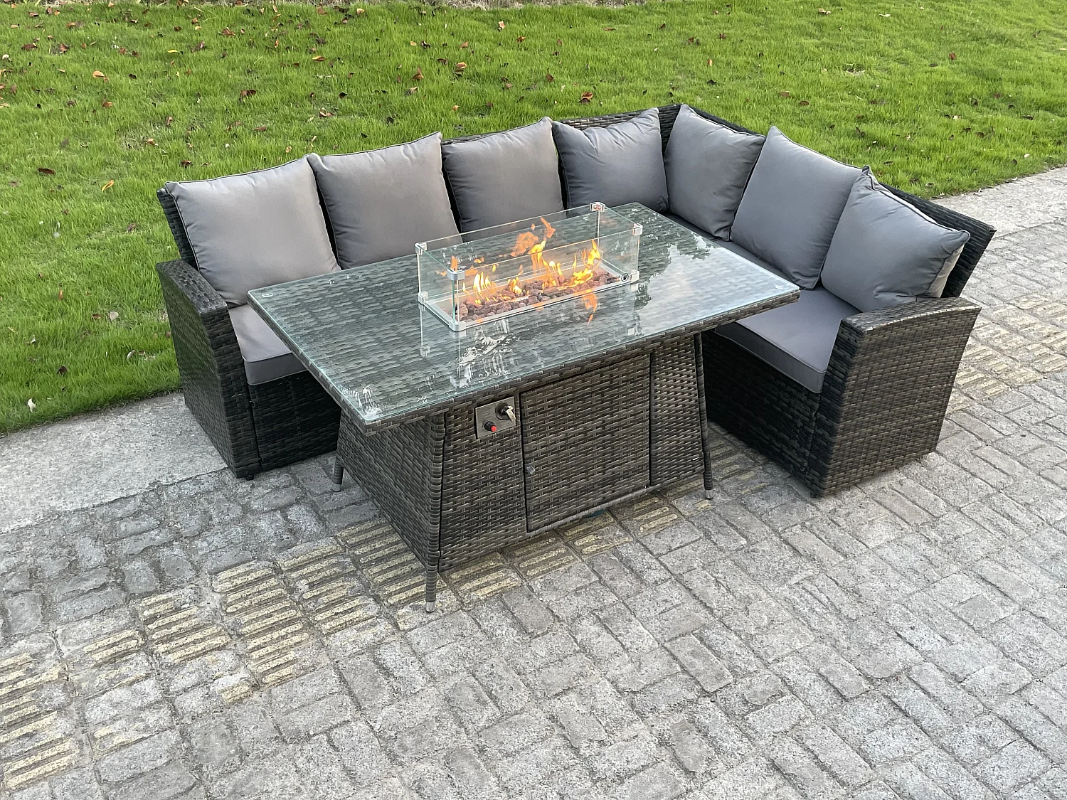 Fimous High Back Outdoor Rattan Corner Sofa Set Garden Furniture Set Gas Fire Pit Dining Table Gas Heater 6 Seater