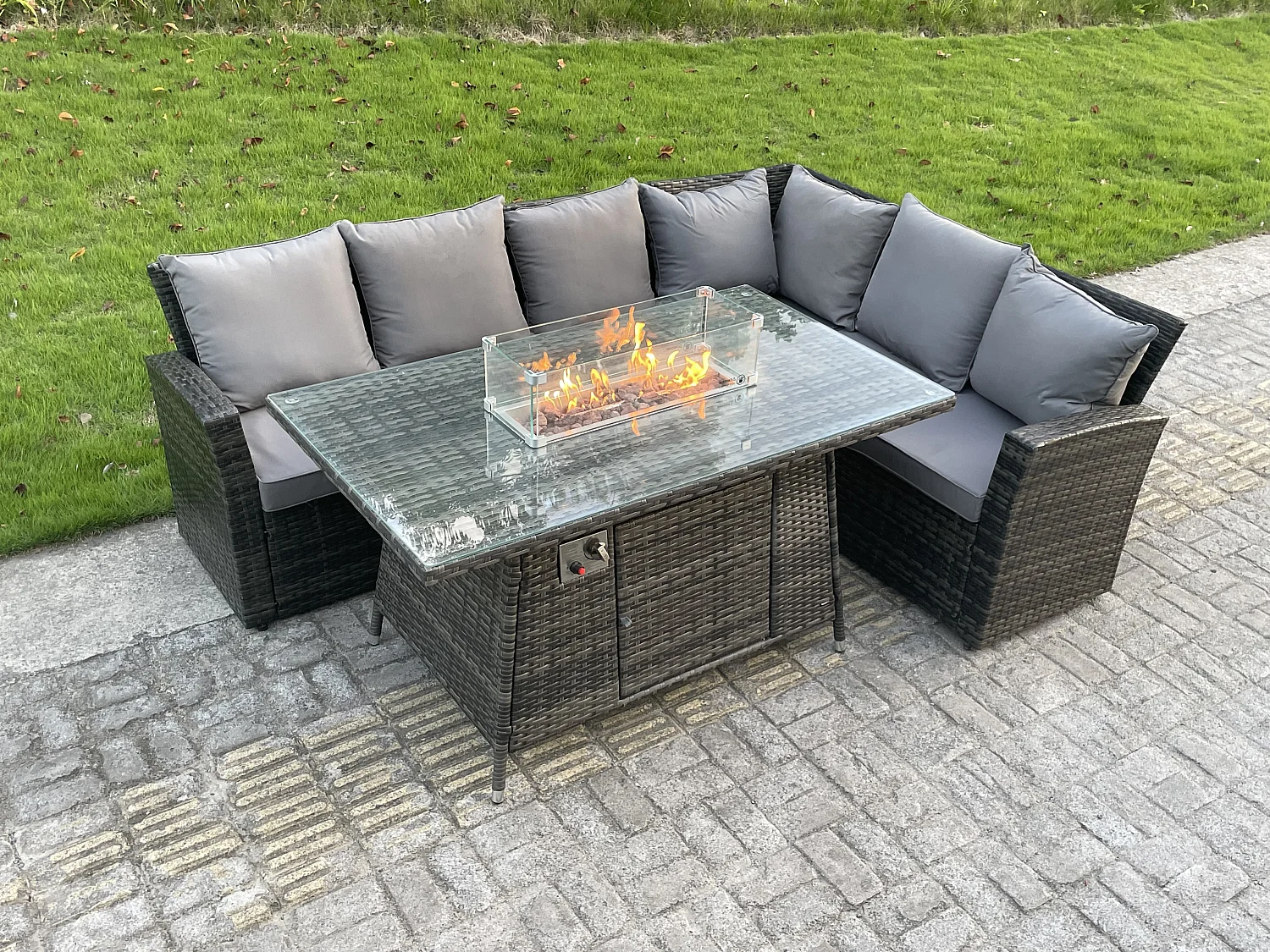 Fimous High Back Outdoor Rattan Corner Sofa Set Garden Furniture Set Gas Fire Pit Dining Table Gas Heater 6 Seater
