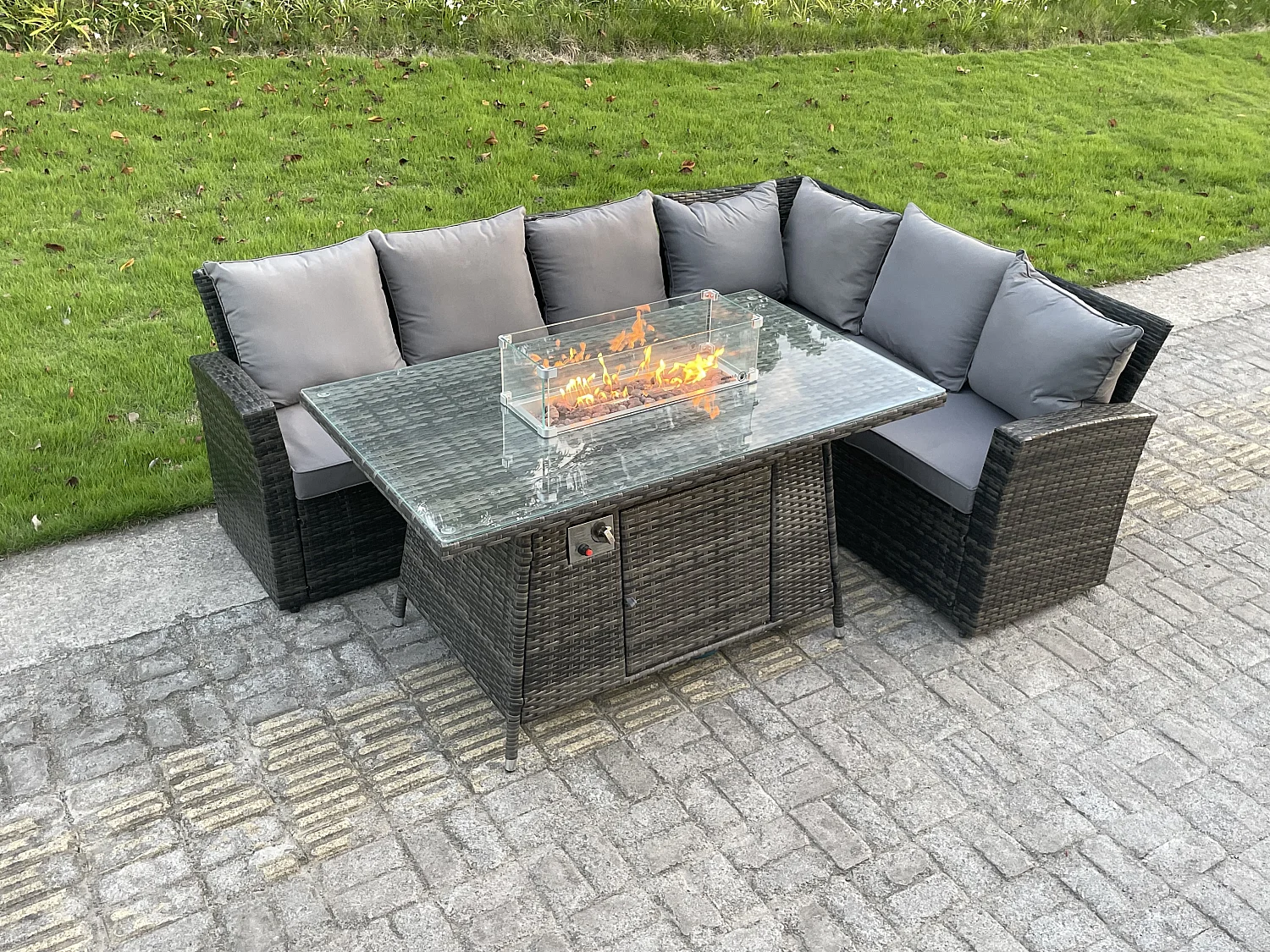 Fimous High Back Outdoor Rattan Corner Sofa Set Garden Furniture Set Gas Fire Pit Dining Table Gas Heater 6 Seater