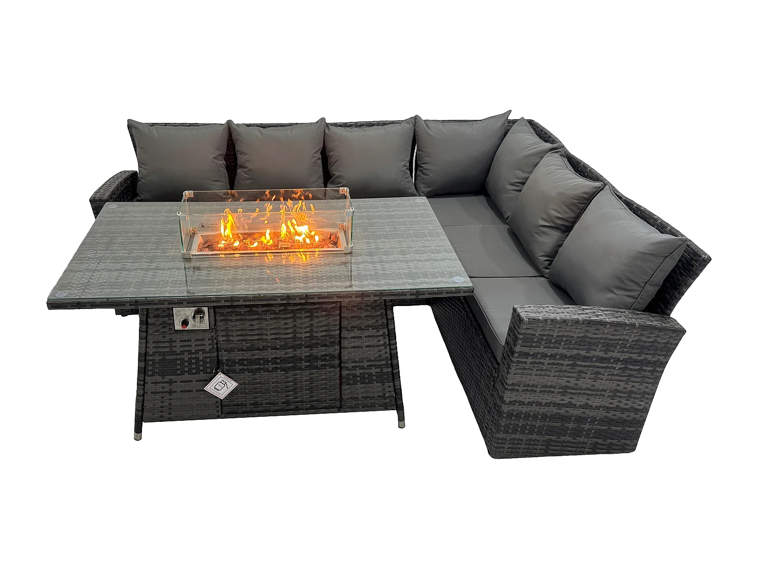 Fimous High Back Outdoor Rattan Corner Sofa Set Garden Furniture Set Gas Fire Pit Dining Table Gas Heater 6 Seater