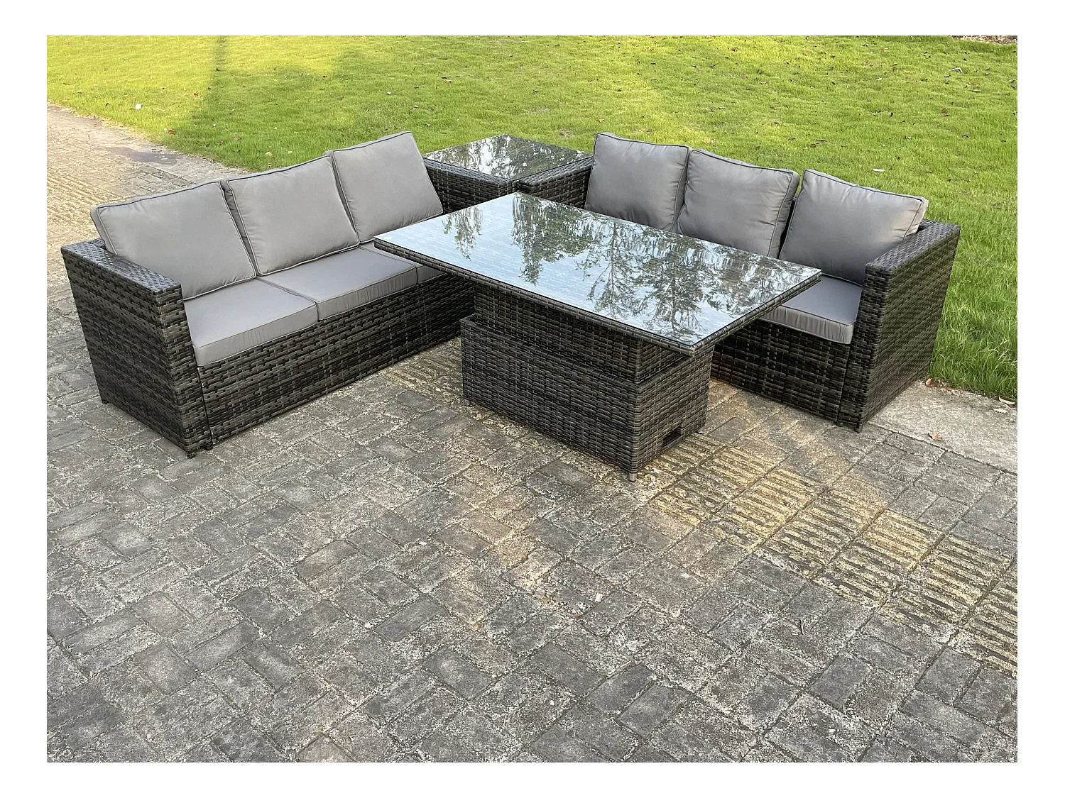 Rattan Gartenmöbel Set mit Einstellbare Höhe Esstisch Sofa Beistelltisch Dunkelgrau gemischt