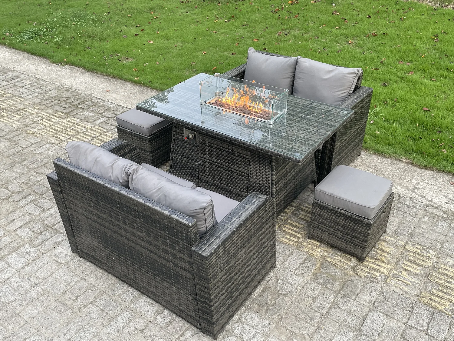 6 Places Meubles de Jardin en rotin ave Table de foyer à gaz Canapé d'amour Table d'appoint Mélange gris foncé