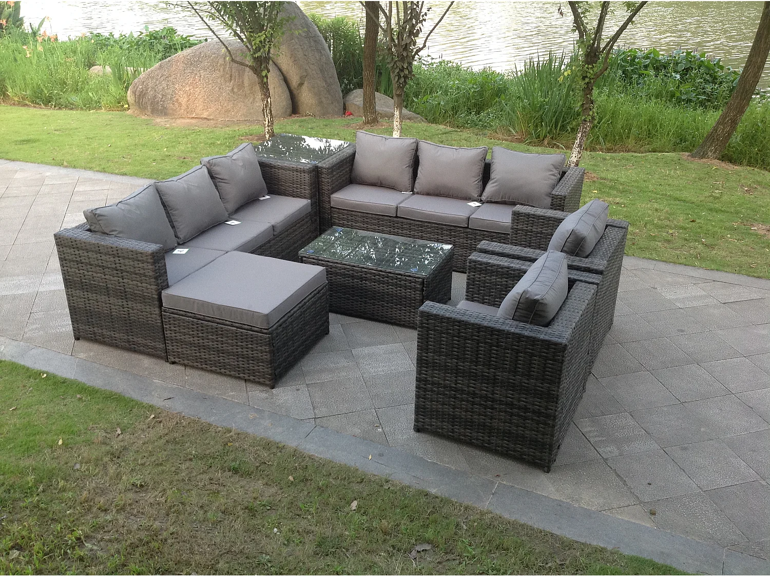 Meubles de jardin en rotin ave Table d'appoint 2 Chaises 3 Places canapé Table basse carrée Tabourets Mélange gris foncé