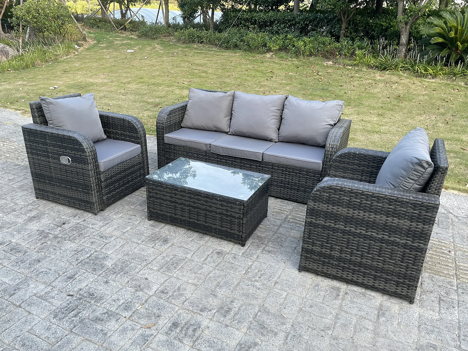 5-Sitzer Rattan Gartenmöbel Set mit Rechteckig Couchtisch 2 Sessel inclinable