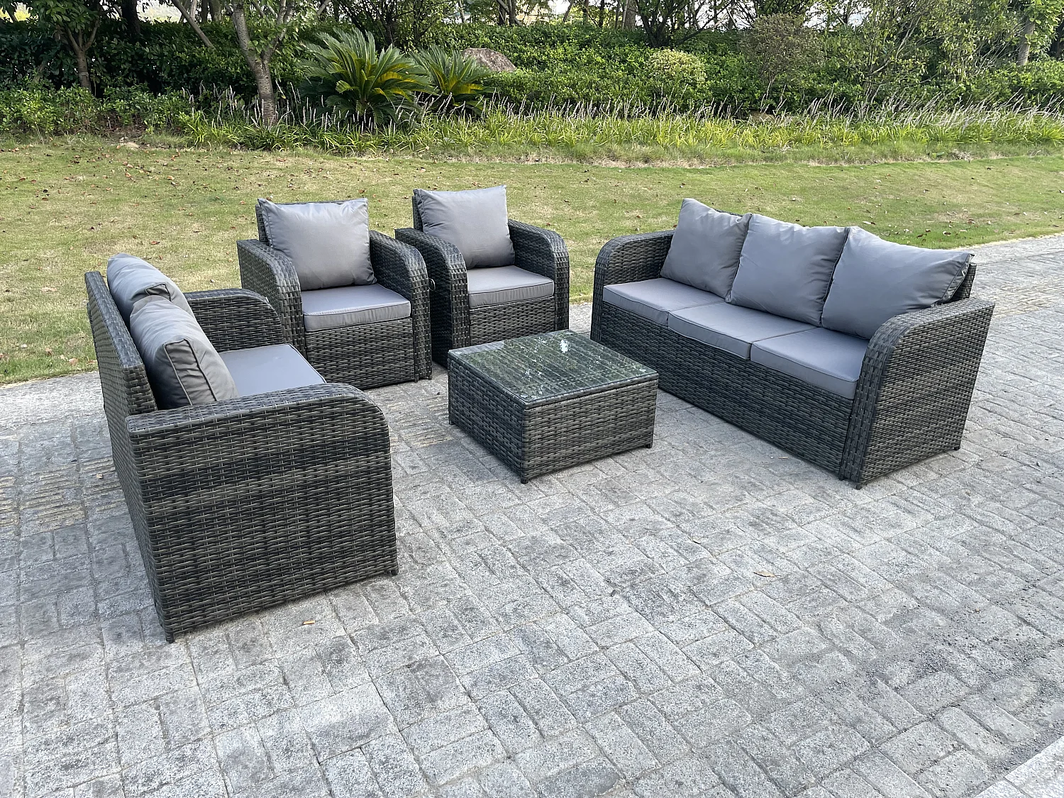 7 Places Meubles de jardin en rotin ave carrée Table basse Canapé d'amour 2 Chaises inclinable Mélange gris foncé