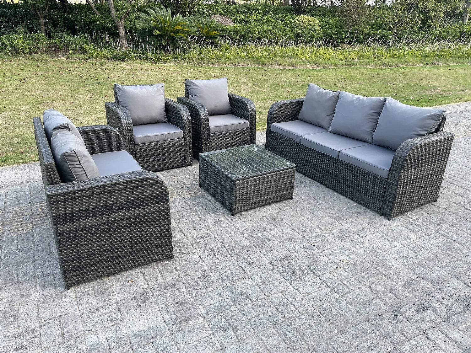 Fimous PE Rattan Garden Furniture Set Adjustable Chair Sofa Double Love Seat 2 Seater Sofa Lounge Set Square Coffee Table