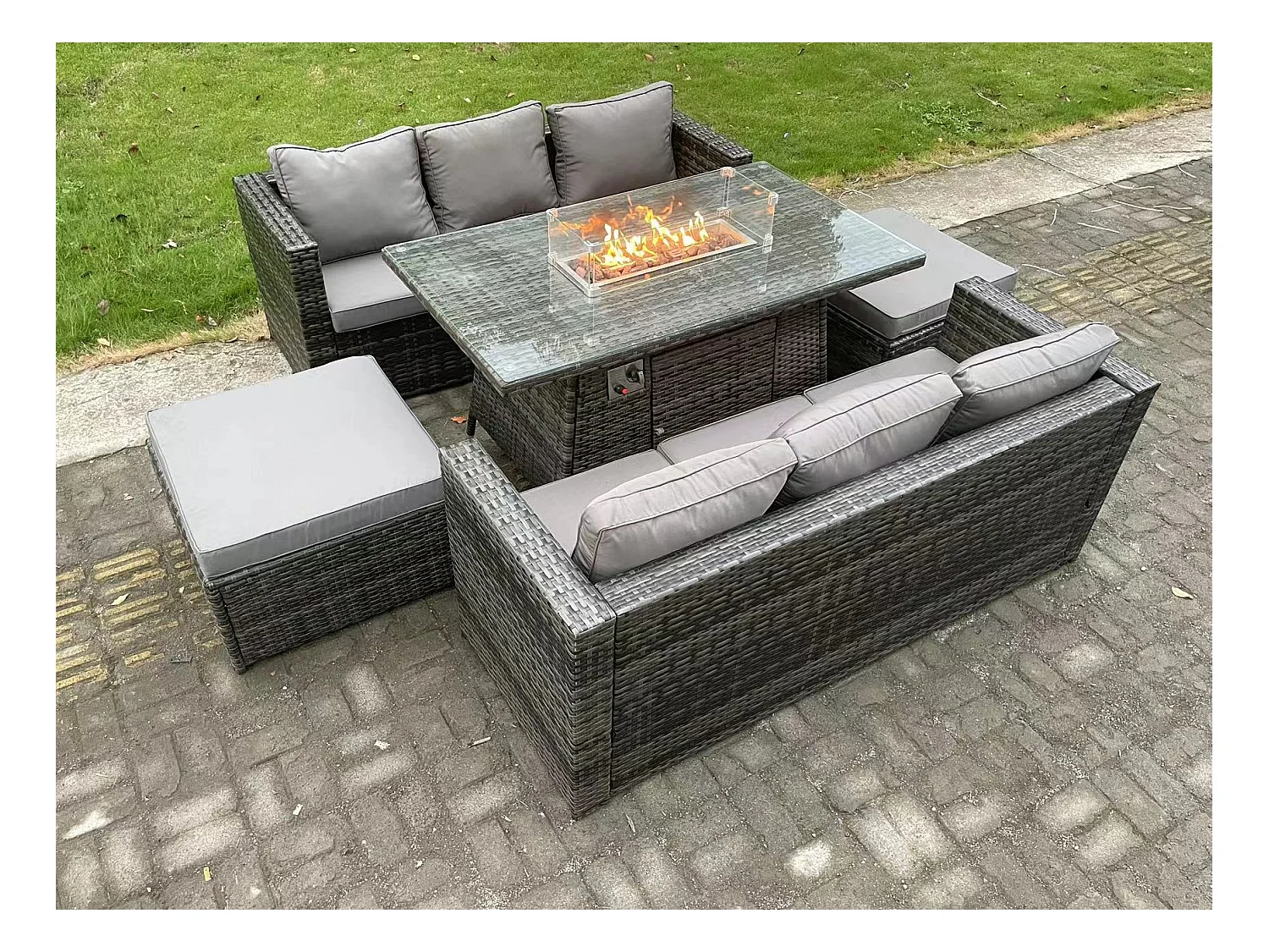 8 Places Meubles de jardin en rotin ave Table de foyer à gaz canapé 2 Grand Tabourets Mélange gris foncé