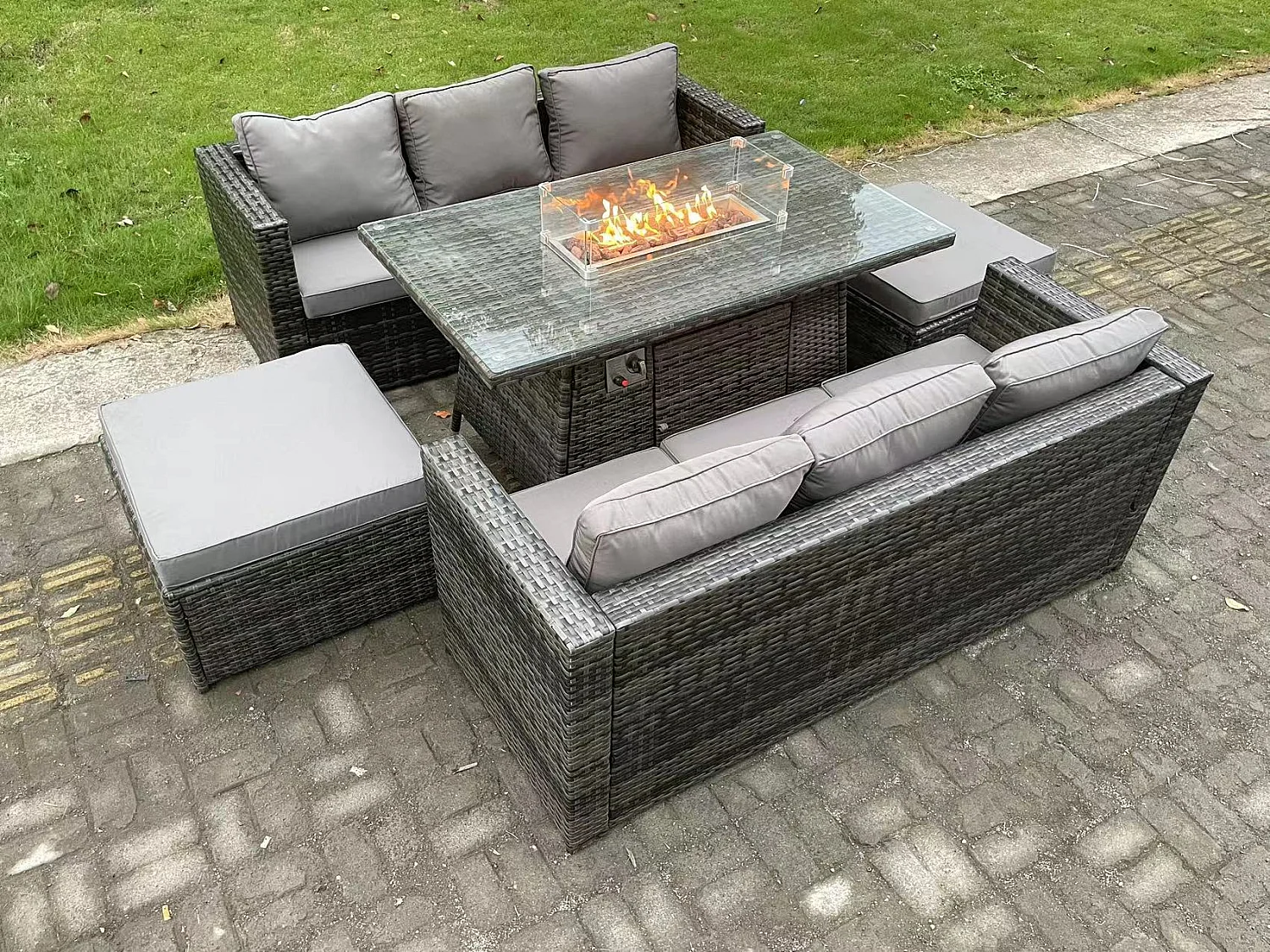 8 Places Meubles de jardin en rotin ave Table de foyer à gaz canapé 2 Grand Tabourets Mélange gris foncé