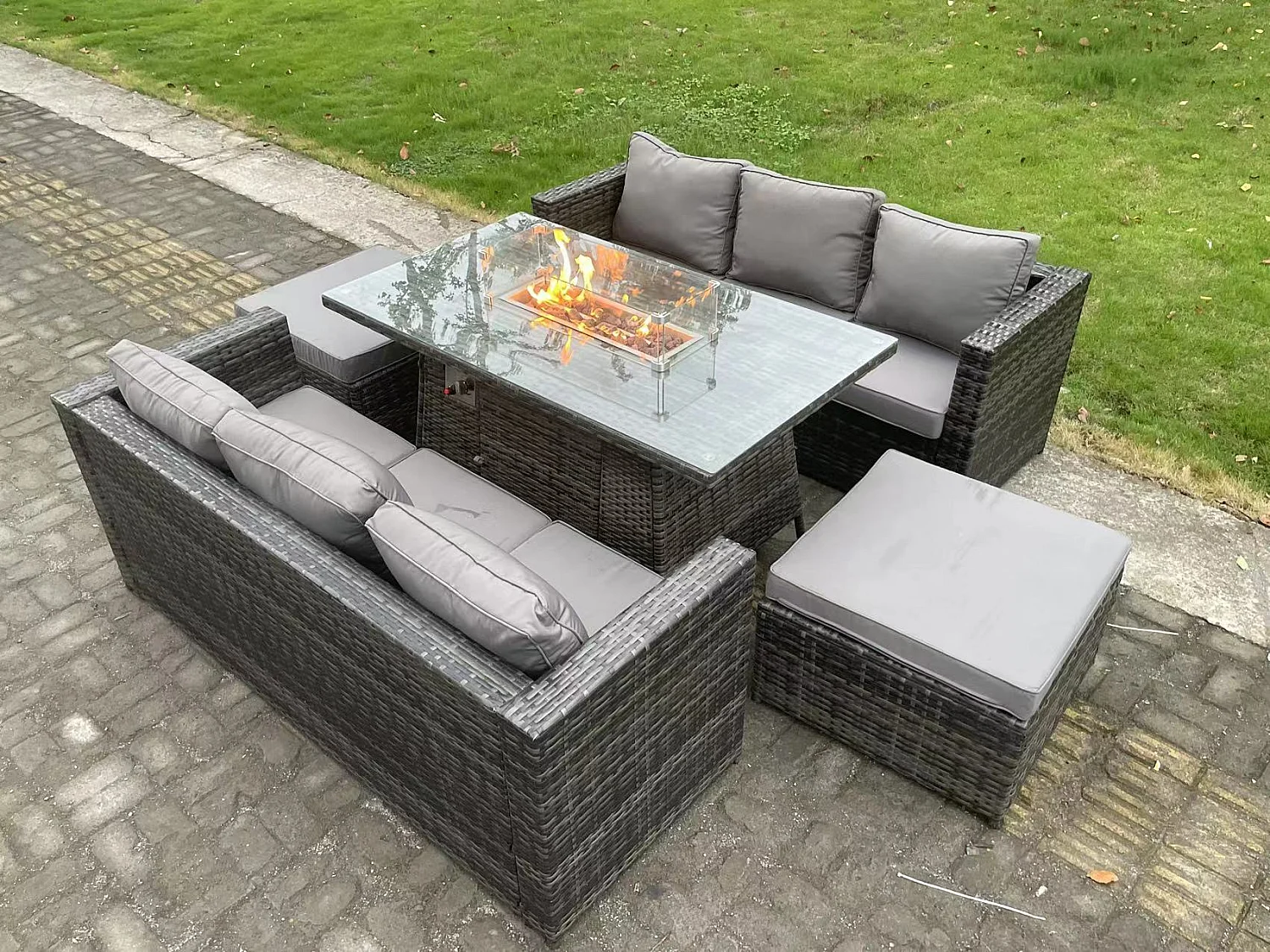 8 Places Meubles de jardin en rotin ave Table de foyer à gaz canapé 2 Grand Tabourets Mélange gris foncé