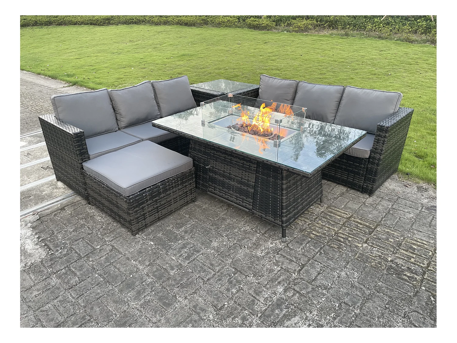 7 places Mobilier À Dîner De Jardin en rotin ave Table de foyer à gaz Canapé Table d'appoint Tabourets Mélange gris foncé