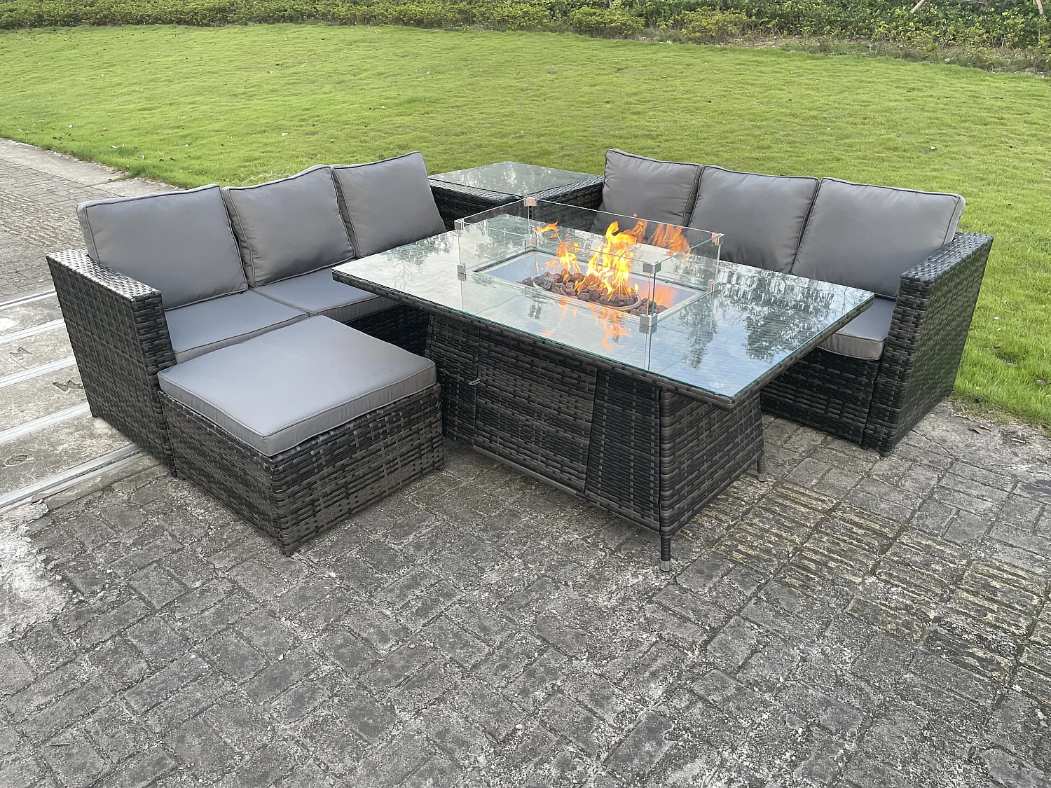 Fimous Outdoor Rattan Garden Furniture Gas Fire Pit Dining Table Sets Gas Heater Lounge Big Footstool Dark Mixed Grey 7 Seater