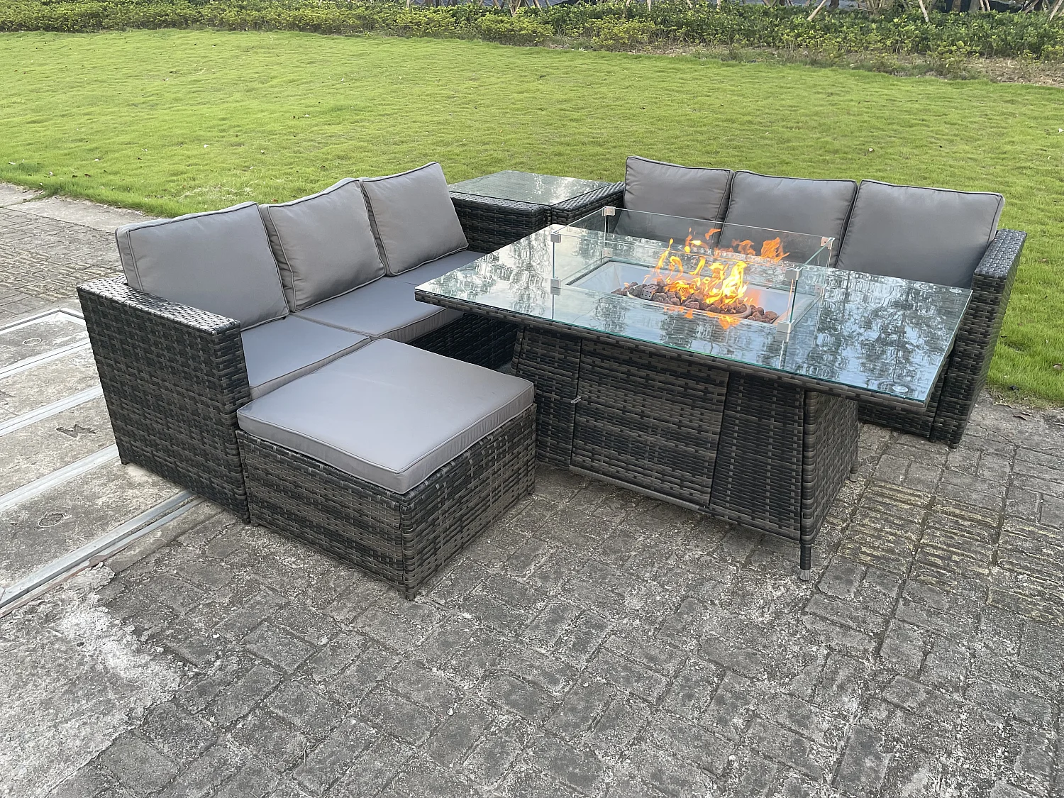 Fimous Outdoor Rattan Garden Furniture Gas Fire Pit Dining Table Sets Gas Heater Lounge Big Footstool Dark Mixed Grey 7 Seater