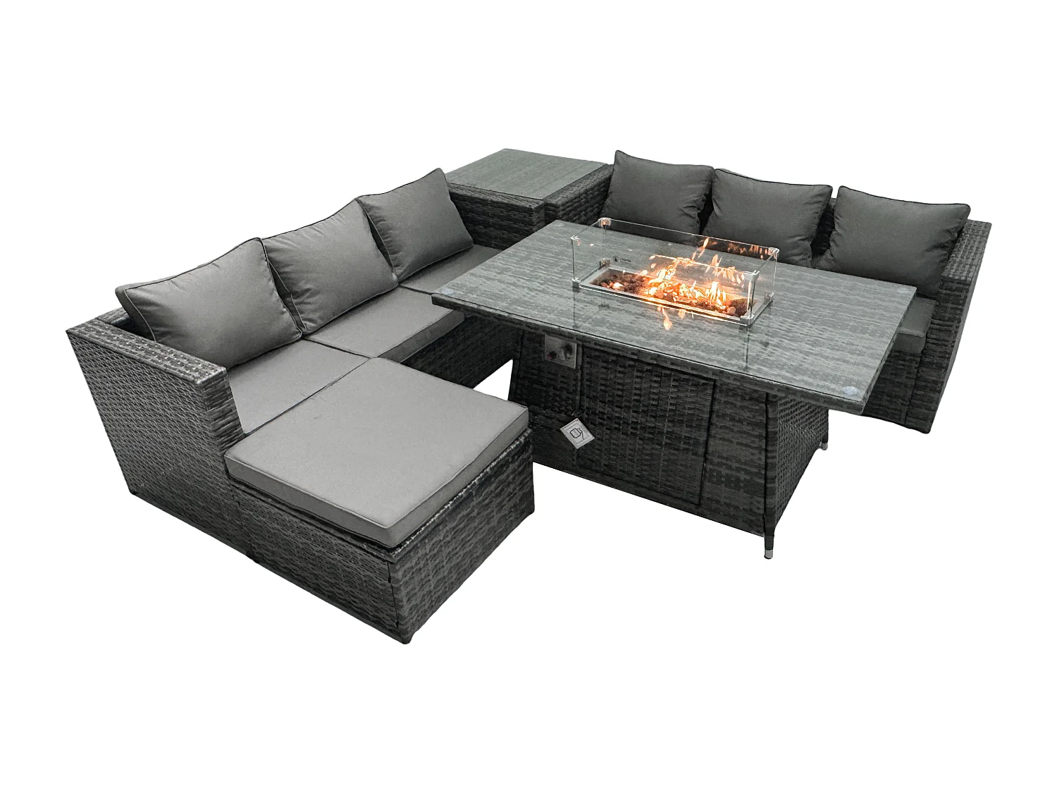Fimous Outdoor Rattan Garden Furniture Gas Fire Pit Dining Table Sets Gas Heater Lounge Big Footstool Dark Mixed Grey 7 Seater