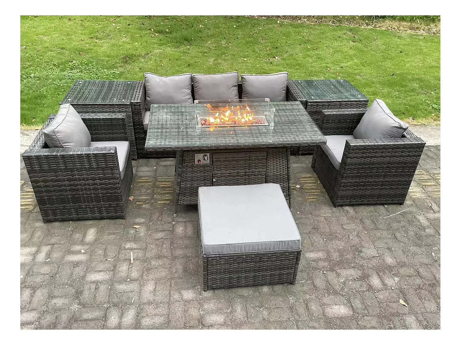 Rattan Gartenmöbel Set mit Gas Feuertisch Sessel Hocker