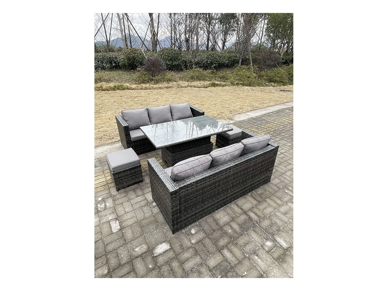 Meubles de jardin en rotin ave Table à manger réglable en hauteur 3 Places canapé 2 Repose-Pied Mélange gris foncé