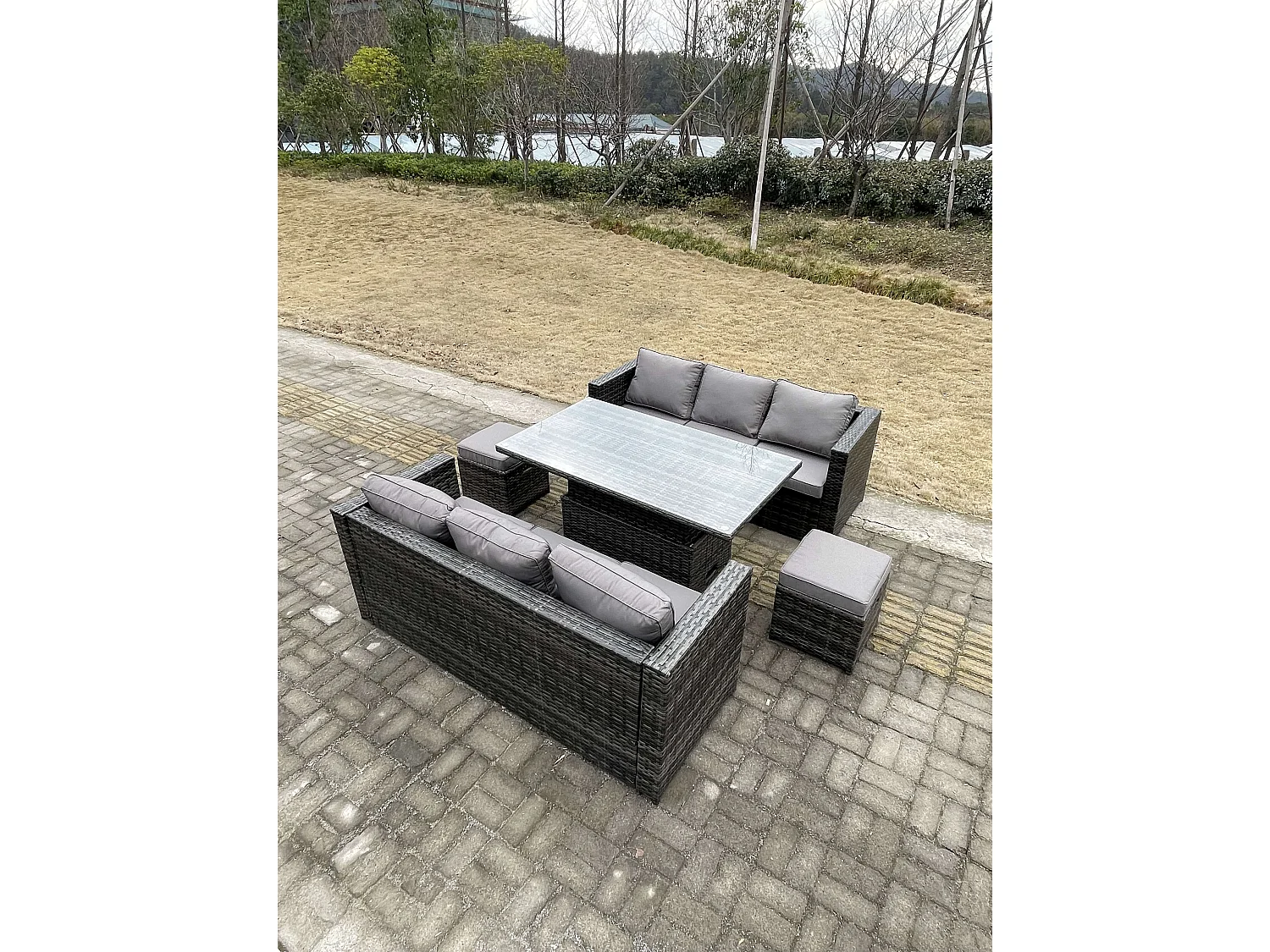 Rattan Gartenmöbel Set mit Einstellbare Höhe Esstisch 3-Sitzer Sofa Repose-Pied