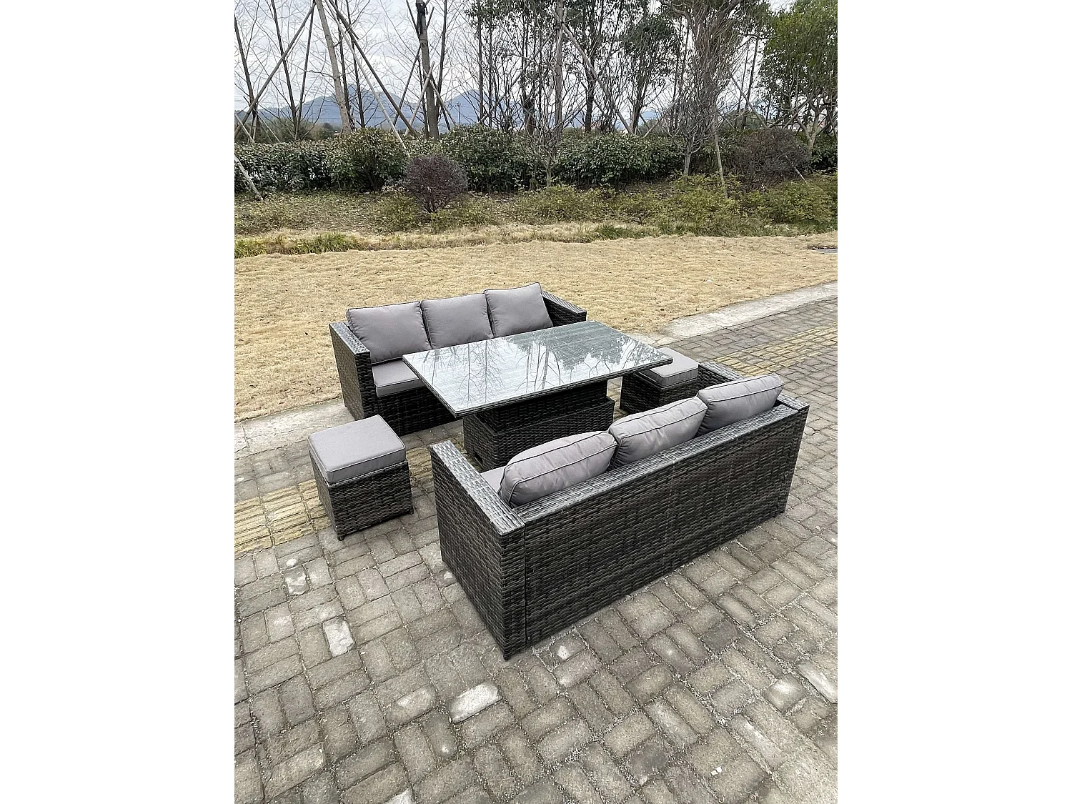 Rattan Gartenmöbel Set mit Einstellbare Höhe Esstisch 3-Sitzer Sofa Repose-Pied