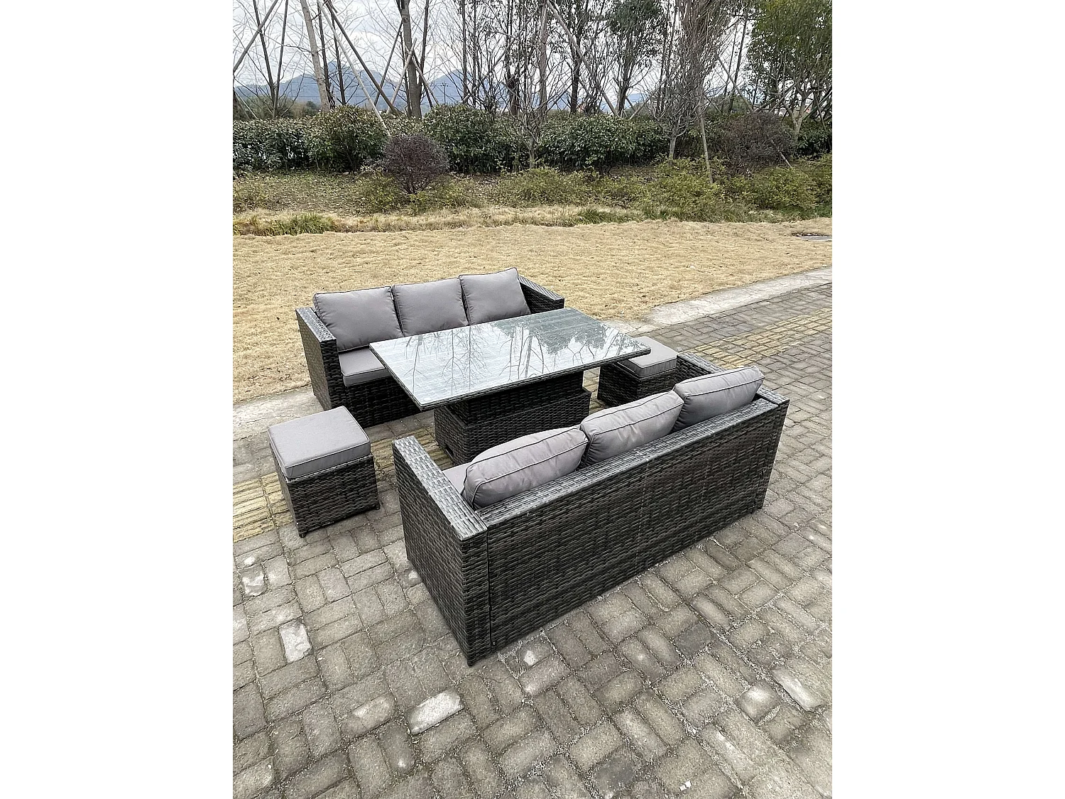 Fimous 8 Seater Outdoor Rattan Sofa Set Garden Furniture Adjustable Rising Lifting Dining Table Footstools Dark Grey Mixed