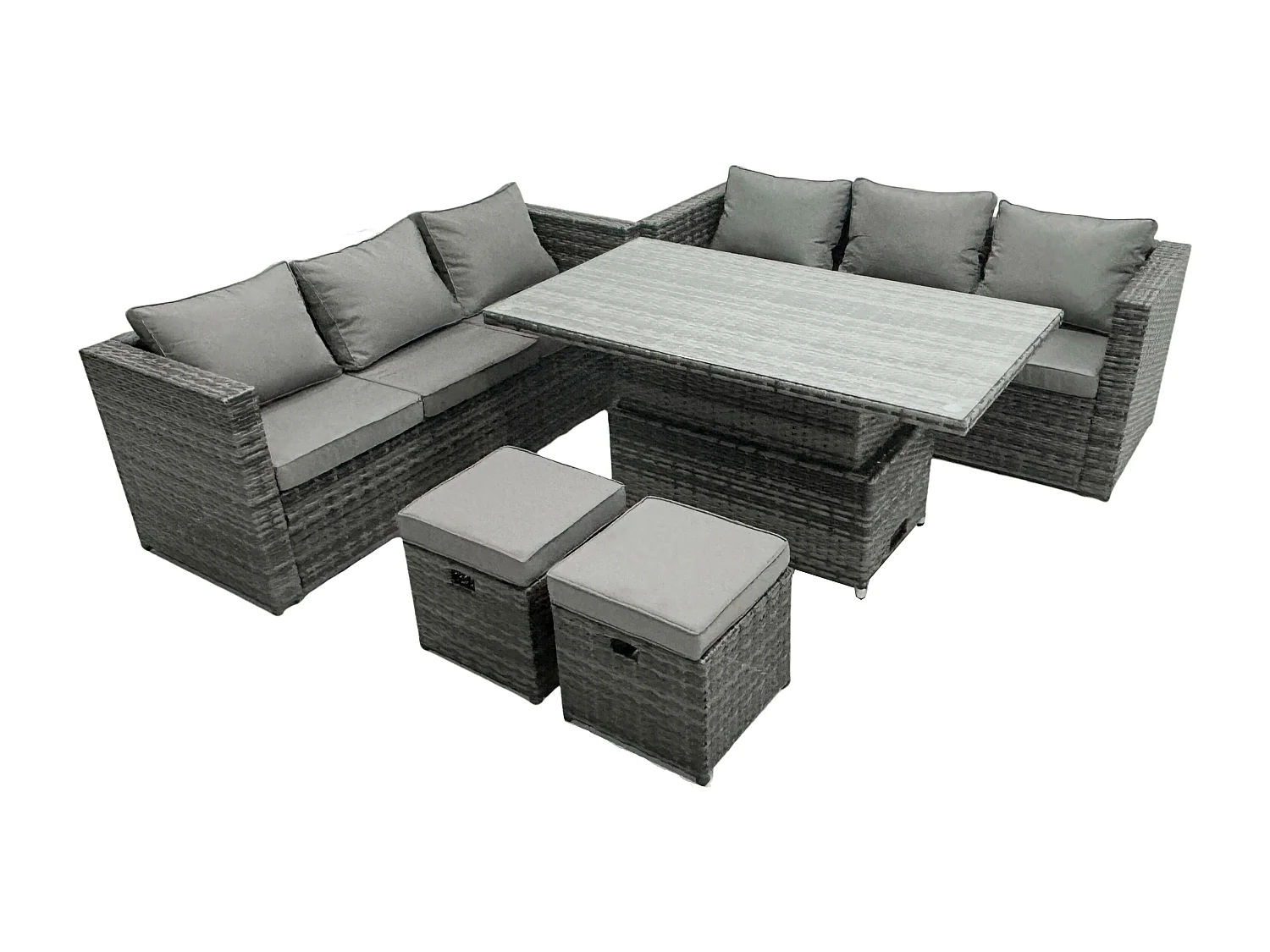 Fimous 8 Seater Outdoor Rattan Sofa Set Garden Furniture Adjustable Rising Lifting Dining Table Footstools Dark Grey Mixed