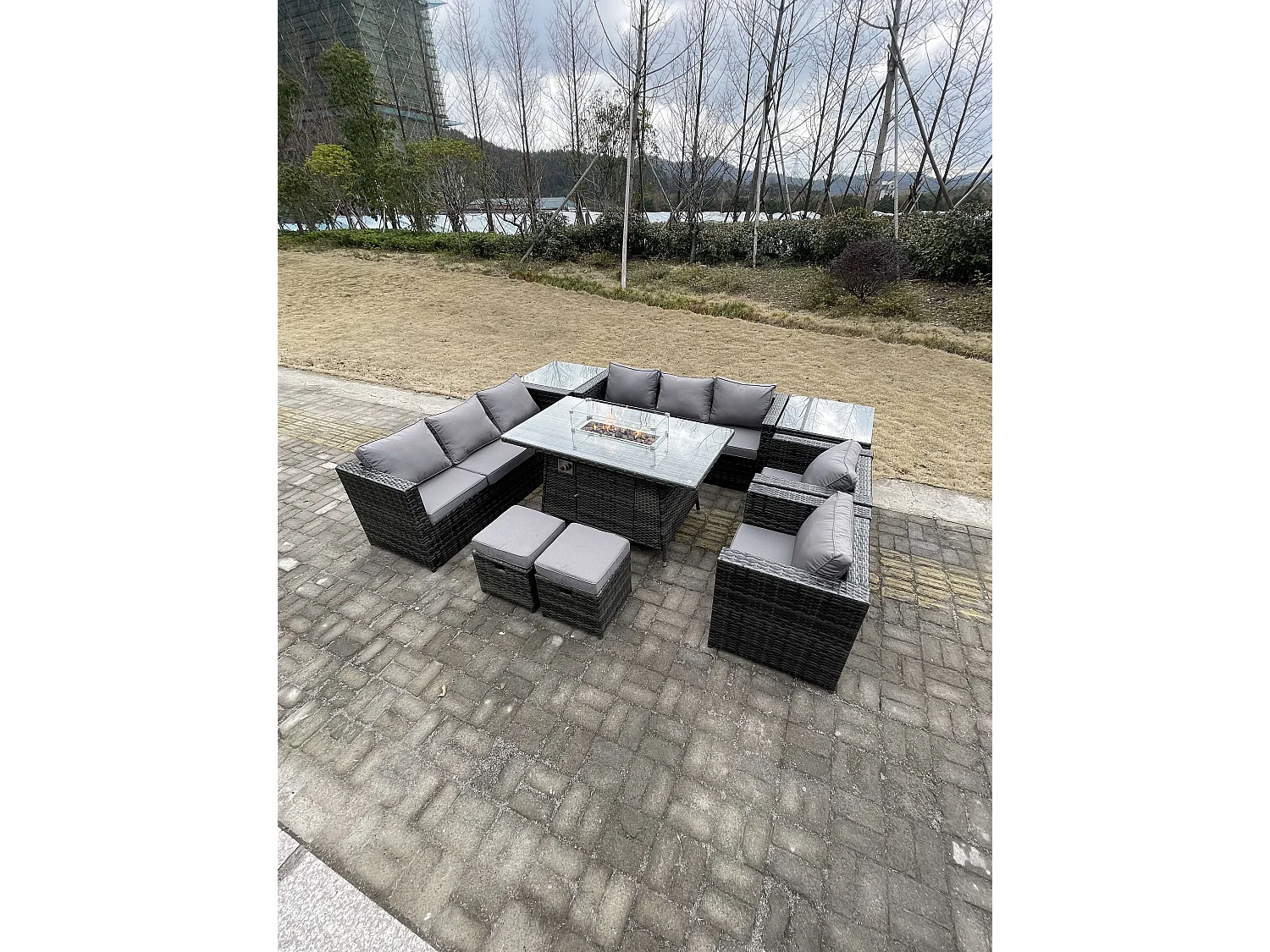 10 Places Meubles de jardin en rotin ave Table de foyer à gaz canapé 2 Table d'appoint 2 Tabourets Mélange gris foncé