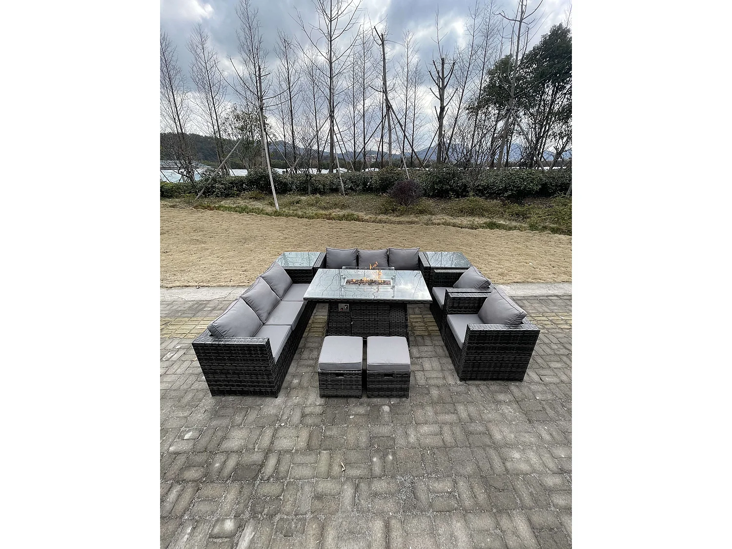 Fimous 10 Seater Outdoor Lounge Rattan Sofa Set Garden Furniture Gas Firepit Set Heater Dining Table With Chair and 2 Coffee Table Dark Grey Mixed