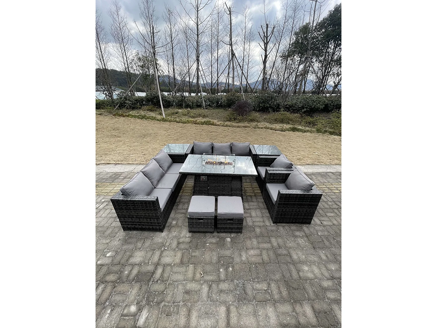 Fimous 10 Seater Outdoor Lounge Rattan Sofa Set Garden Furniture Gas Firepit Set Heater Dining Table With Chair and 2 Coffee Table Dark Grey Mixed