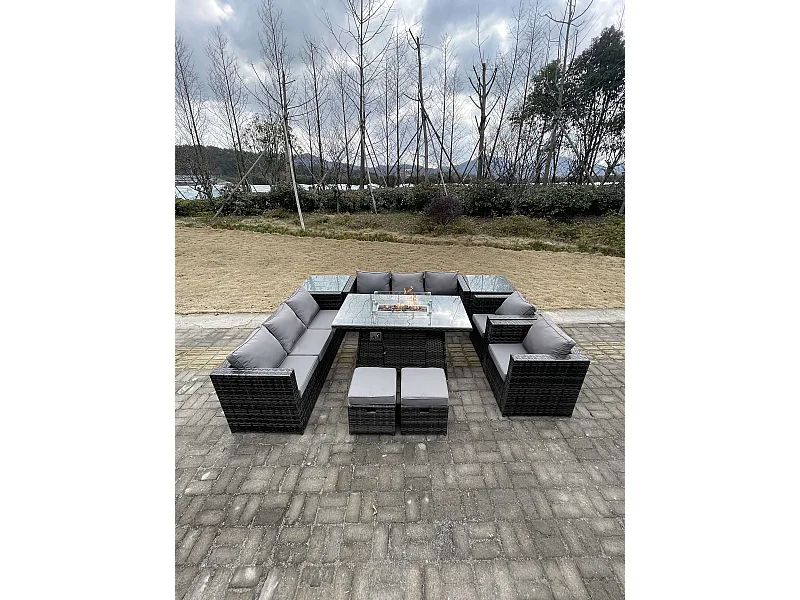 10 Places Meubles de jardin en rotin ave Table de foyer à gaz canapé 2 Table d'appoint 2 Tabourets Mélange gris foncé