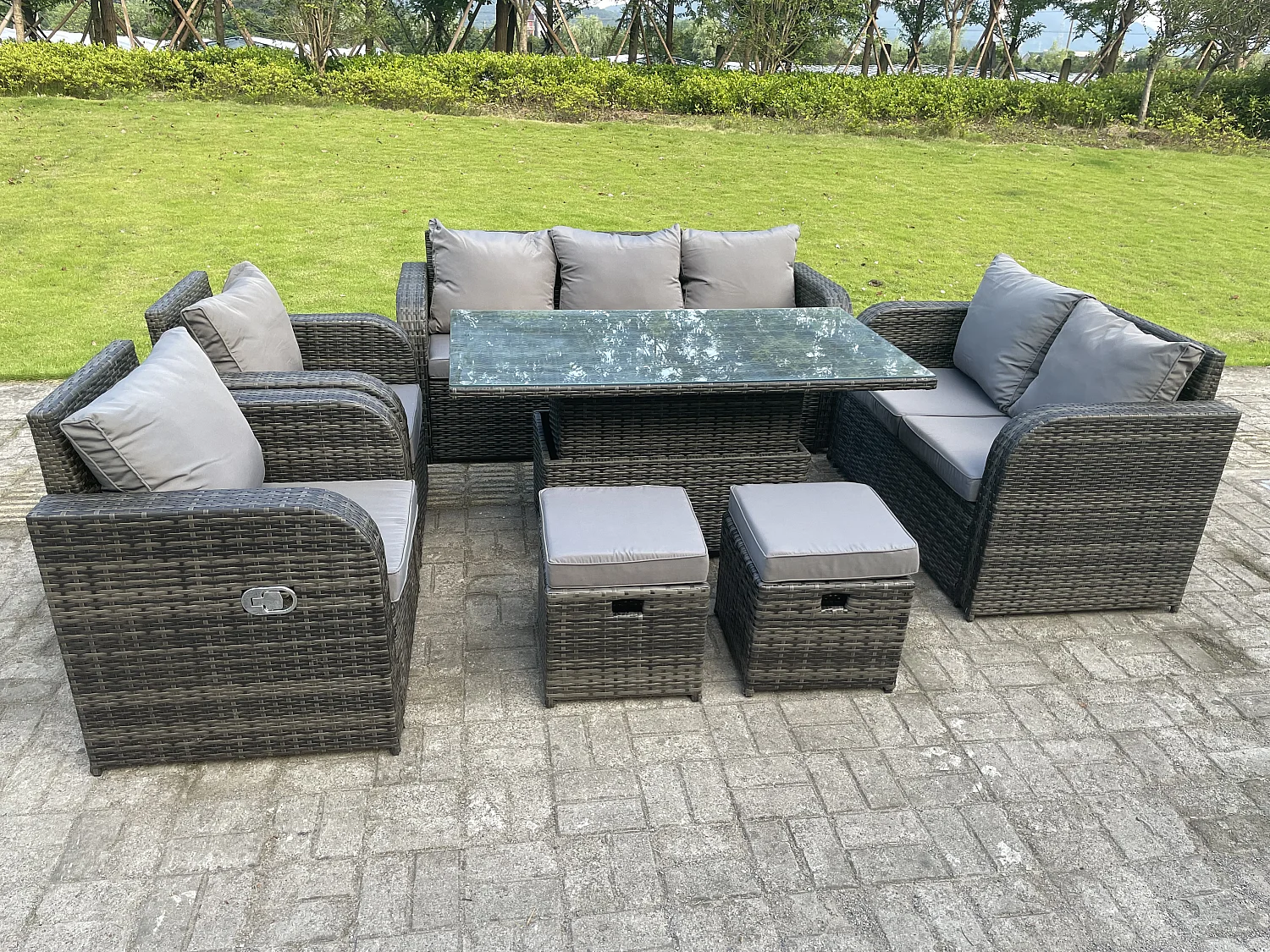 Fimous Dark Mixed Grey Rattan Outdoor Garden Furniture Lifting Adjustable Dining Or Coffee Table Sets Love Sofa 9 Seater