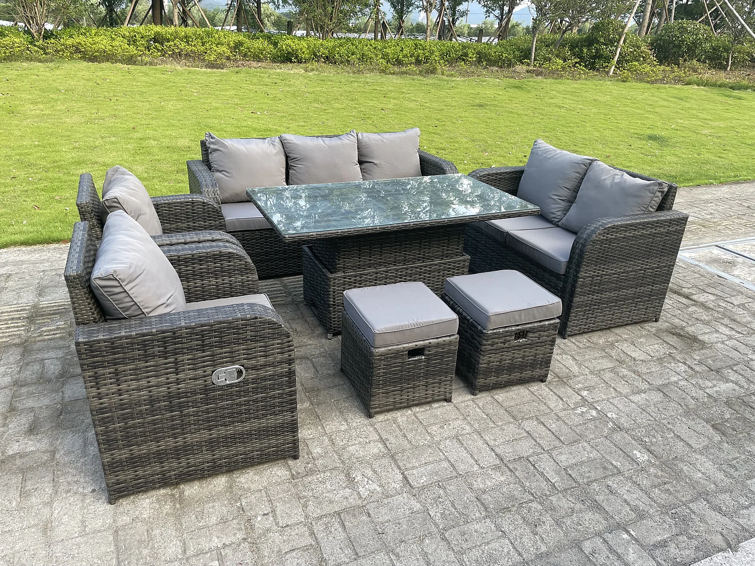Fimous Dark Mixed Grey Rattan Outdoor Garden Furniture Lifting Adjustable Dining Or Coffee Table Sets Love Sofa 9 Seater