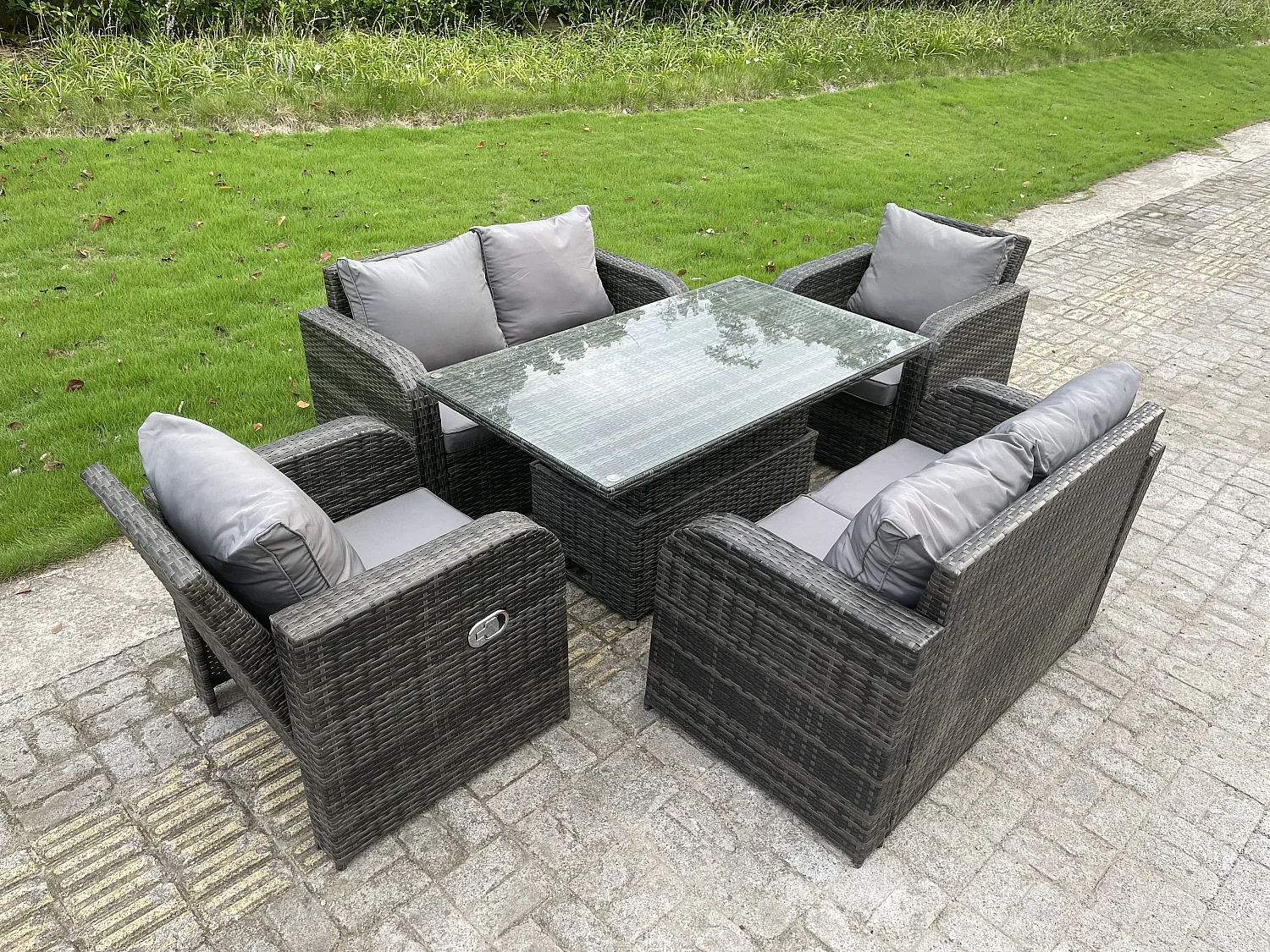Mobilier À Dîner De Jardin en rotin ave 2 Canapé d'amour 2 Chaises inclinable Table à manger réglable en hauteur Mélange gris foncé