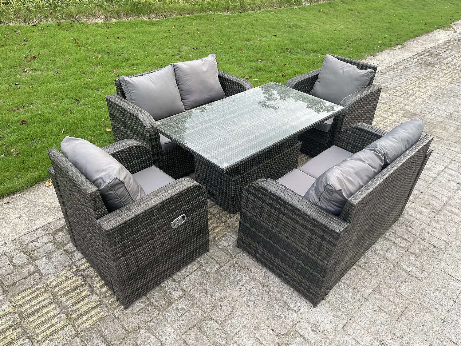 Fimous Outdoor Rattan Garden Furniture Sofa Set Dining Table Height Adjustable Rising Lifting Table Reclining Chairs Love Sofa 6 Seater