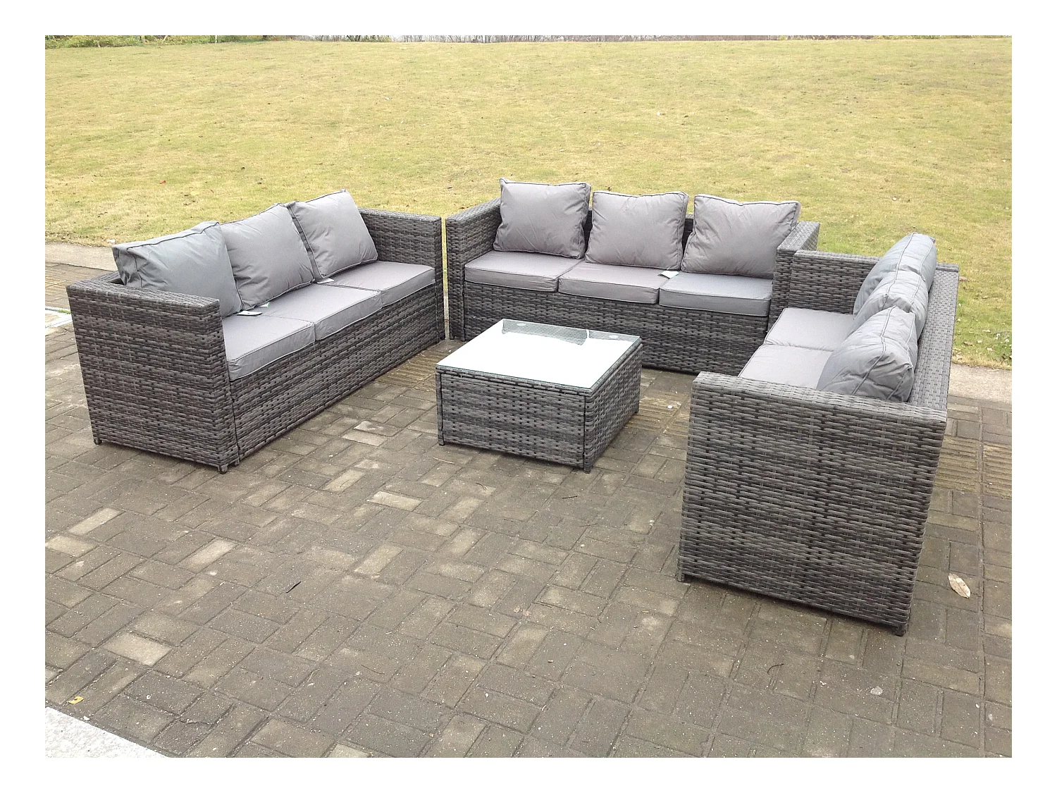 Meubles de jardin en rotin ave 3 Places canapé Table basse carrée Mélange gris foncé