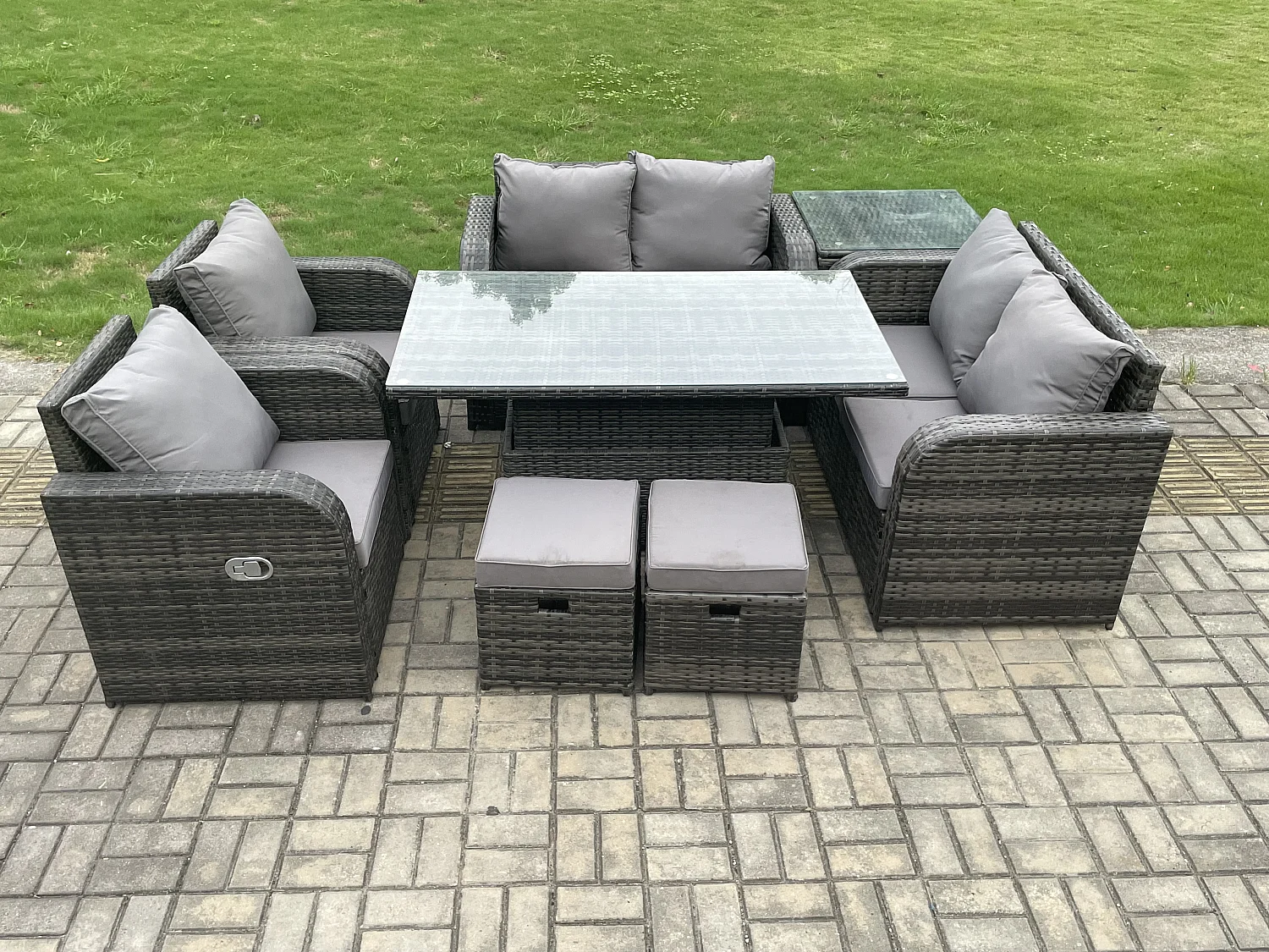 Fimous Outdoor Rattan Garden Furniture Set Patio Height Adjustable Rising lifting Dining Table Love Sofa With Side Table 2 Footstools