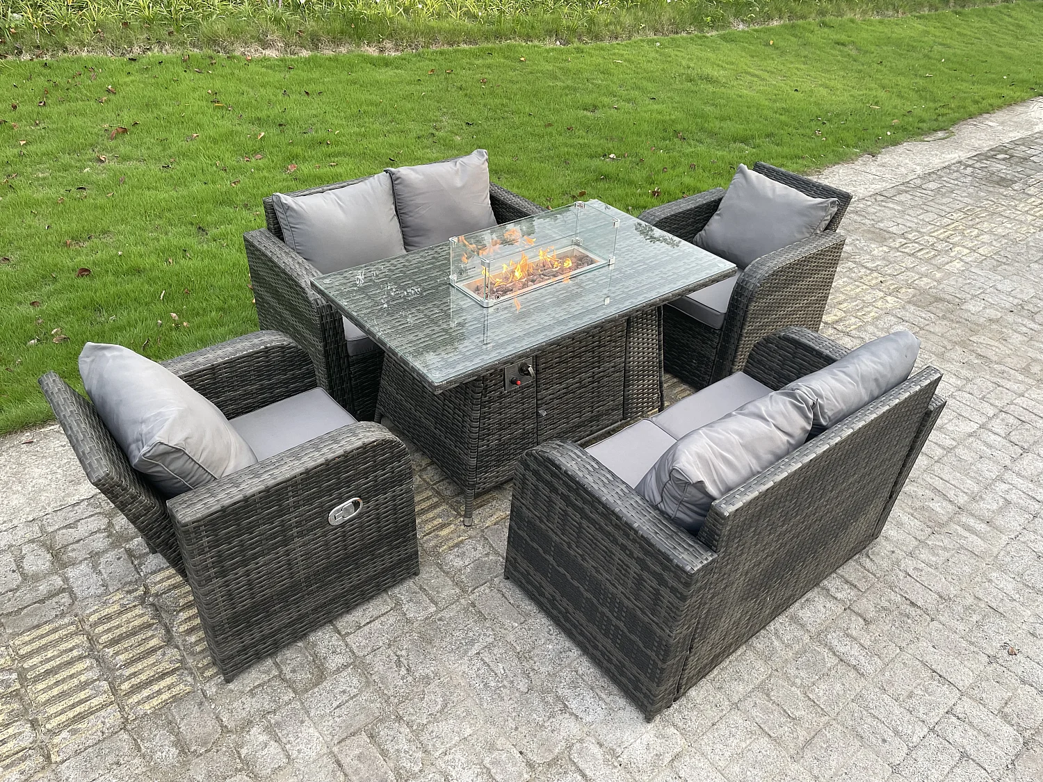 Fimous Rattan Outdoor Furniture Gas Fire Pit Rectangle Dining Table Gas Heater Adjustable Reclining Chairs Love Sofa Sets 6 Seater