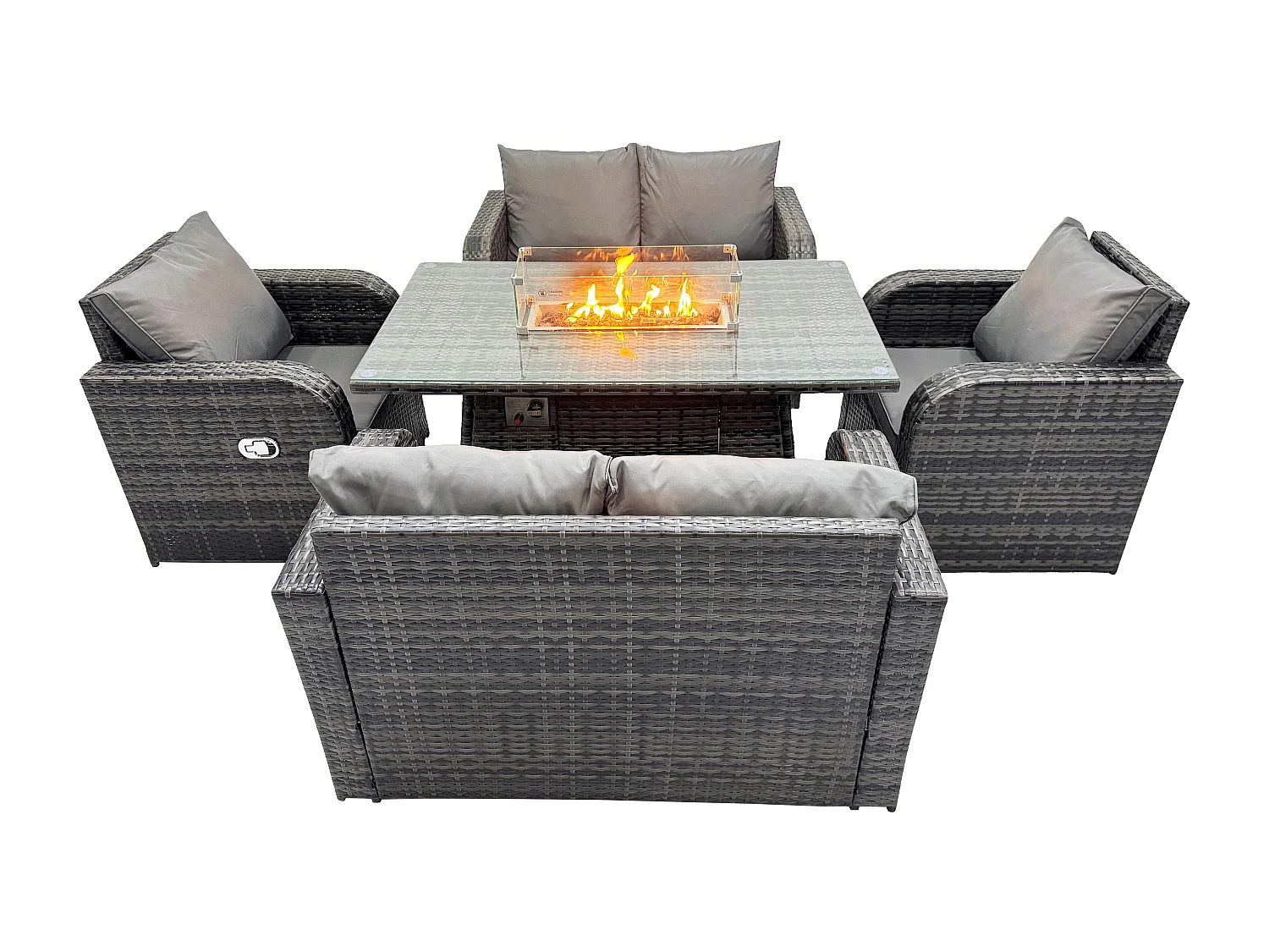 Fimous Rattan Outdoor Furniture Gas Fire Pit Rectangle Dining Table Gas Heater Adjustable Reclining Chairs Love Sofa Sets 6 Seater