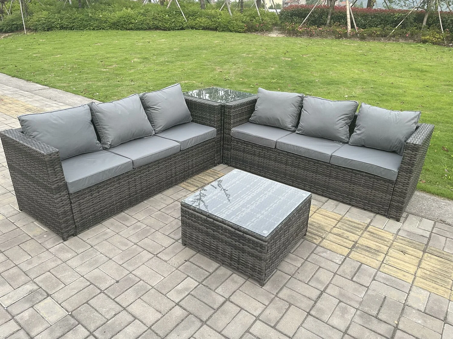 6-Sitzer Rattan Gartenmöbel Set mit Sofa Couchtisch Beistelltisch Dunkelgrau gemischt