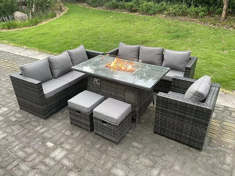 9-Sitzer Rattan Gartenmöbel Set mit Gas Feuertisch Sofa 2 Hocker