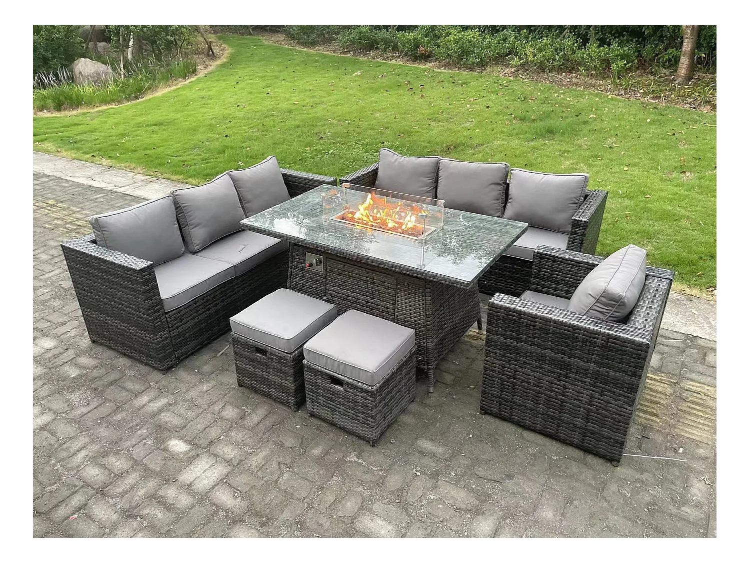 9-Sitzer Rattan Gartenmöbel Set mit Gas Feuertisch Sofa 2 Hocker