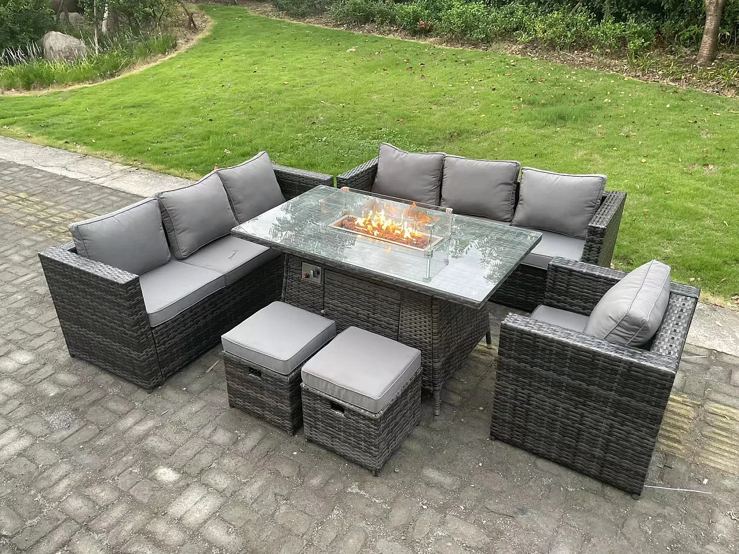 9 Places Meubles de jardin en rotin ave Table de foyer à gaz canapé Chaises 2 Tabourets Mélange gris foncé