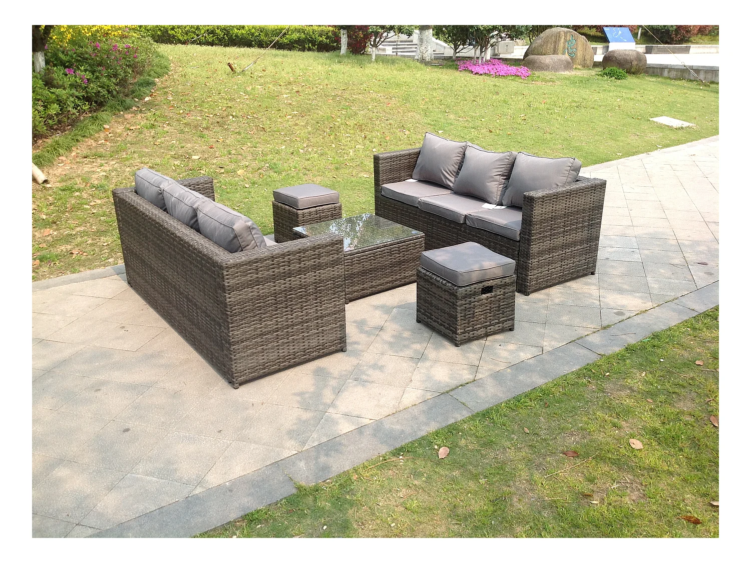 Meubles de Jardin en rotin ave 2 Canapé Table basse Tabourets Mélange gris foncé